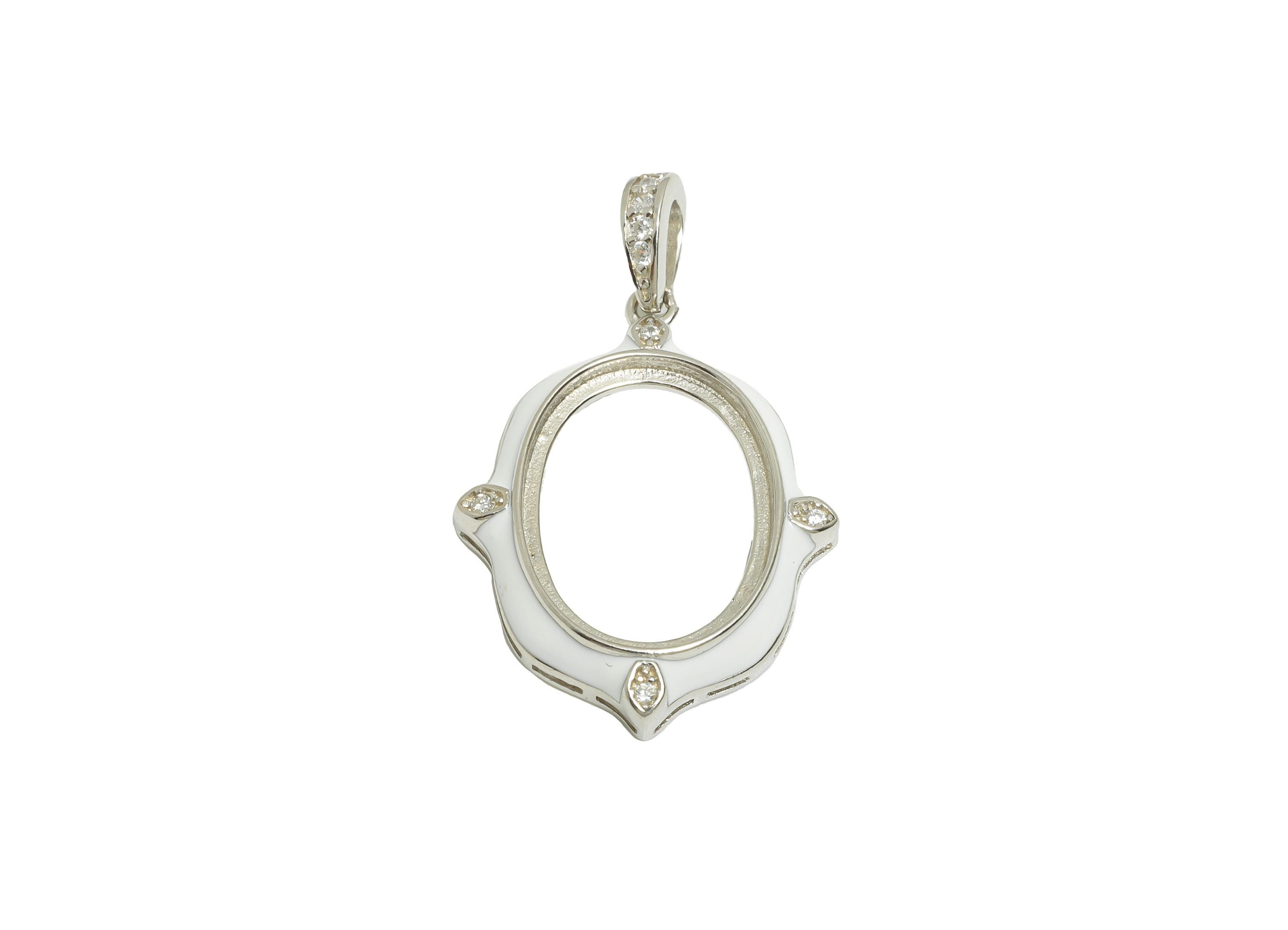 Enamel CZ Oval Pendant Setting - 12*15mm Cabochon Pendant Base - 925 Sterling Silver - Pendant With Bail -Customizable Zircon Pendant-SI1096 - DOMEDBAZAAR