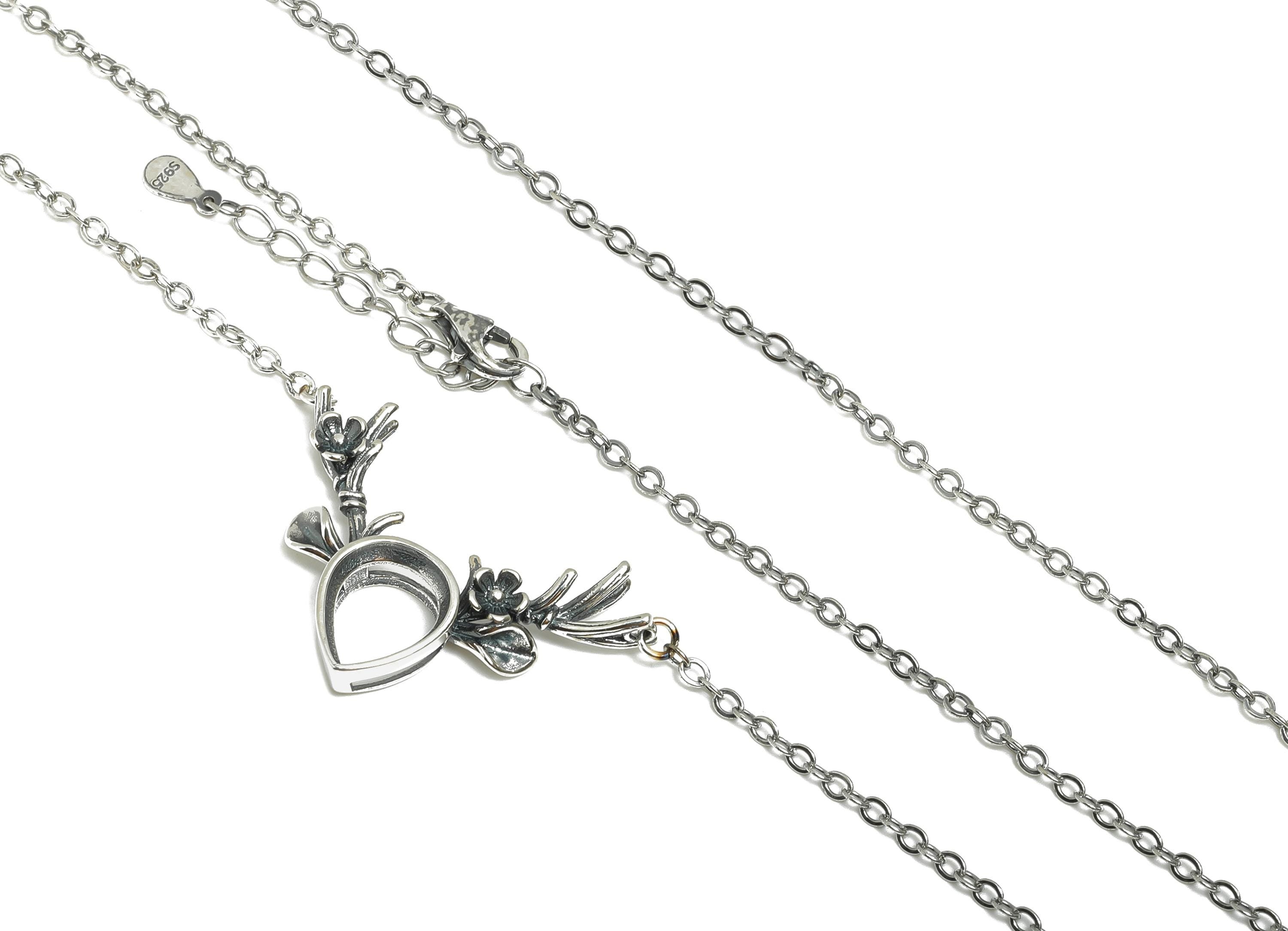 8*10mm Deer Cabochon Necklace Base - Floral Drop Necklace Setting - 925 Sterling Silver - DIY Cabochon Gem Necklace - Rhodium Plating-SI1079 - DOMEDBAZAAR