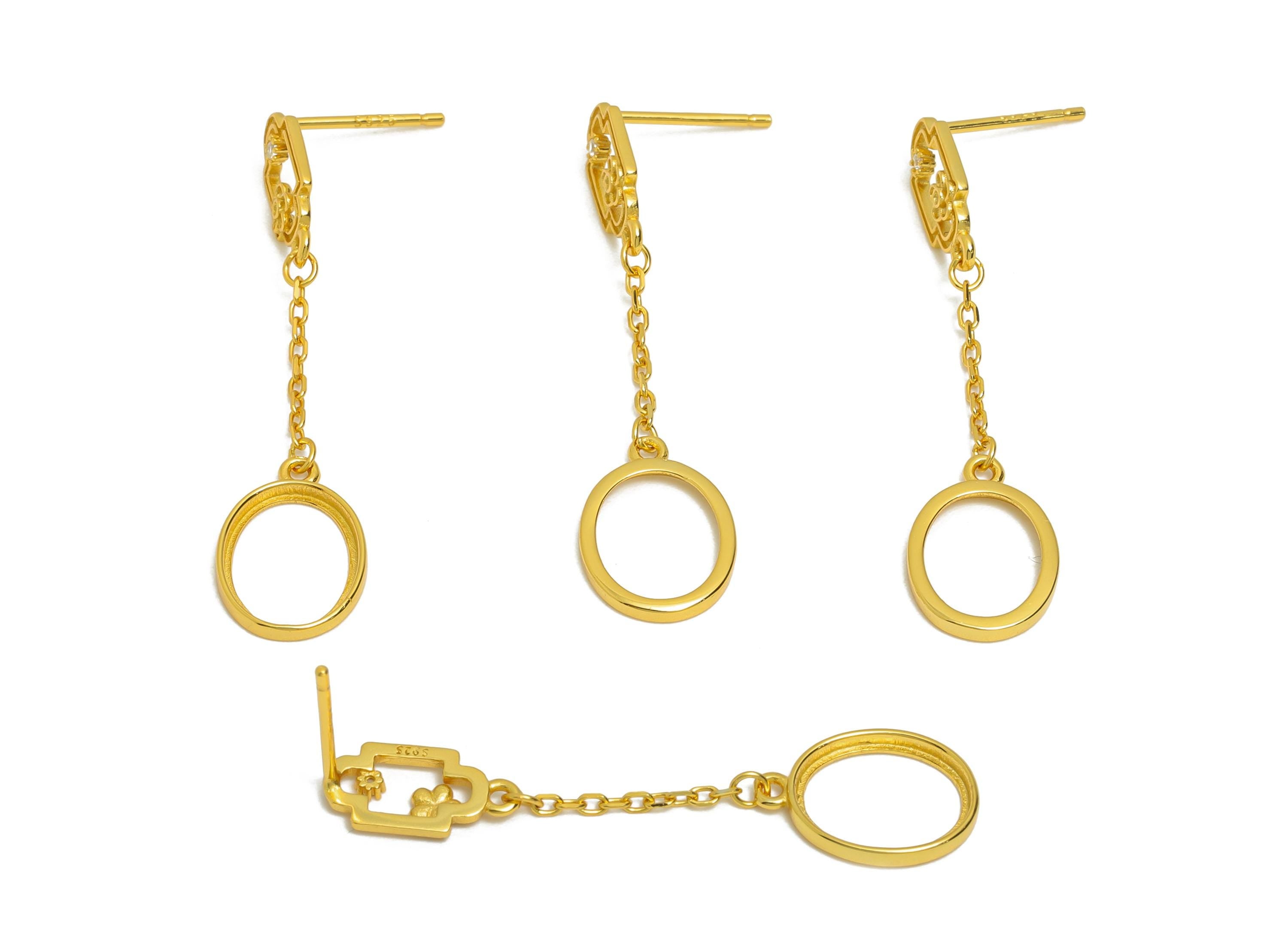 8*10mm Oval Dangle Earring Setting - 925 Sterling Silver Earring Base with Zircon - Cabochon Earring Setting - 18K Real Gold Plated - SI1053 - DOMEDBAZAAR