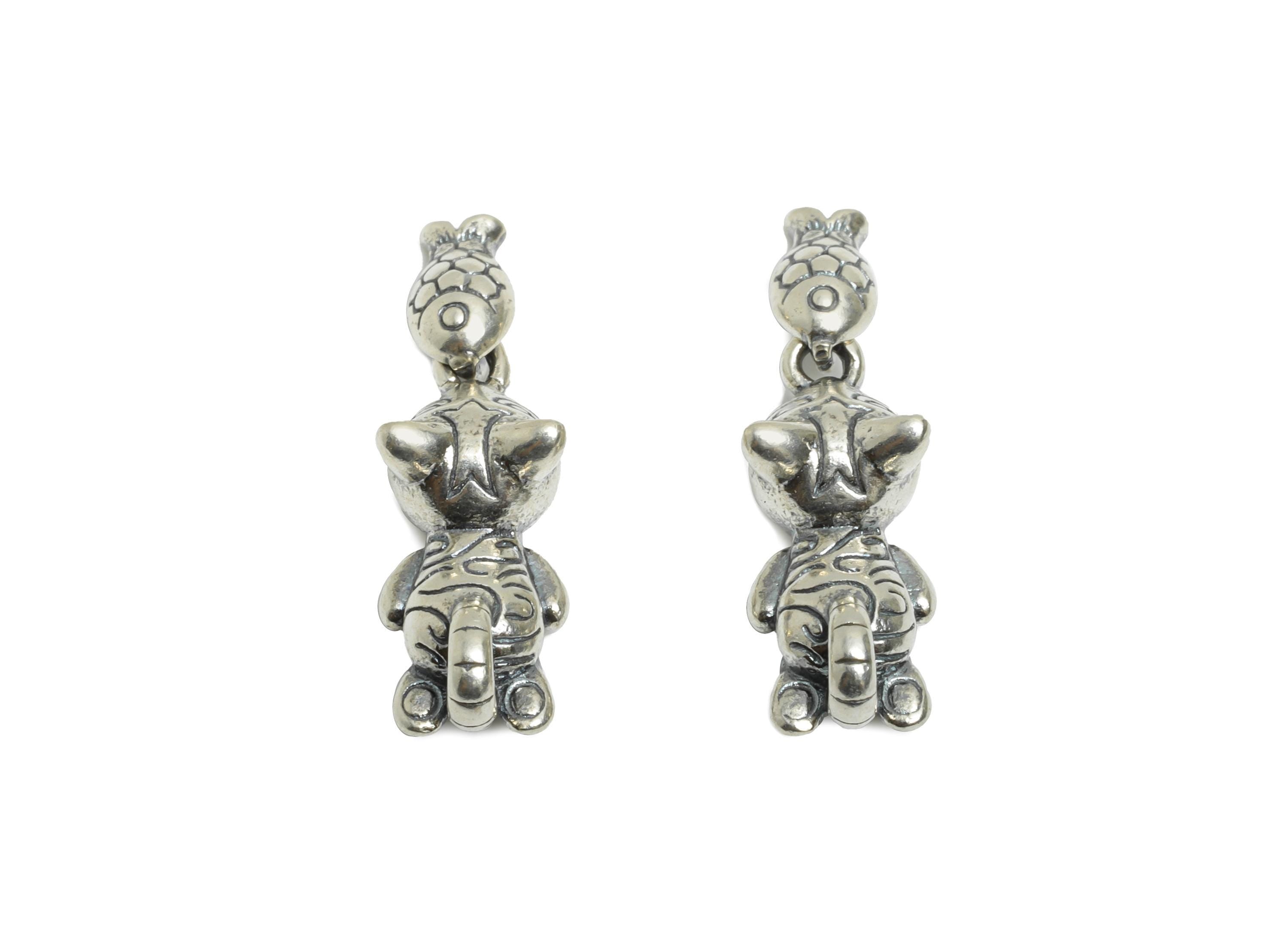 Silver Cat and Fish Pendant - Cute Animal Charm for Necklace - 925 Sterling Silver - Refined Rhodium Plating Pendant - 21x6.7x5.4mm - SI1119 - DOMEDBAZAAR