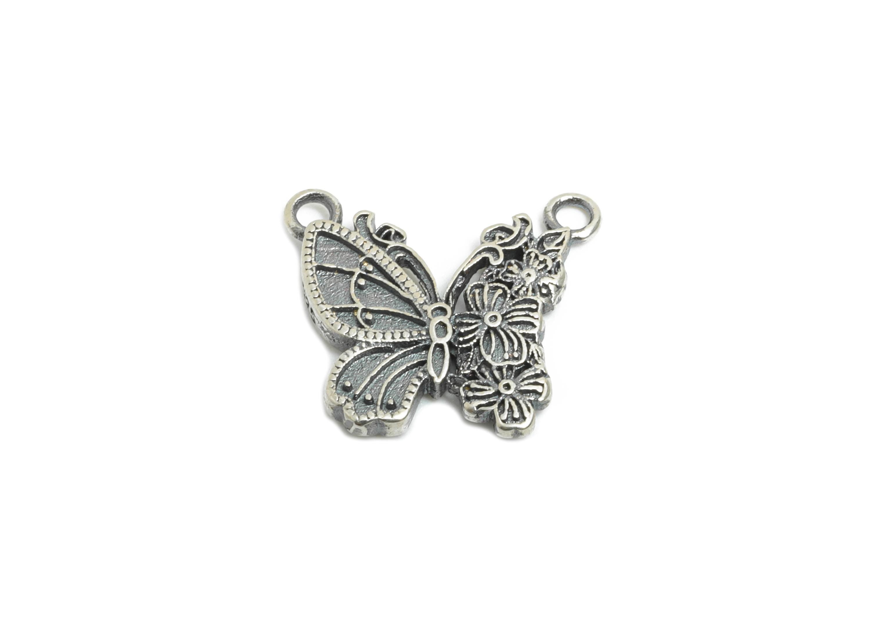 Butterfly Necklace Pendant - Vintage Insect Flower Connector for Necklace - 925 Sterling Silver - Rhodium Plated - 12x13.8x1.75mm - SI1123 - DOMEDBAZAAR