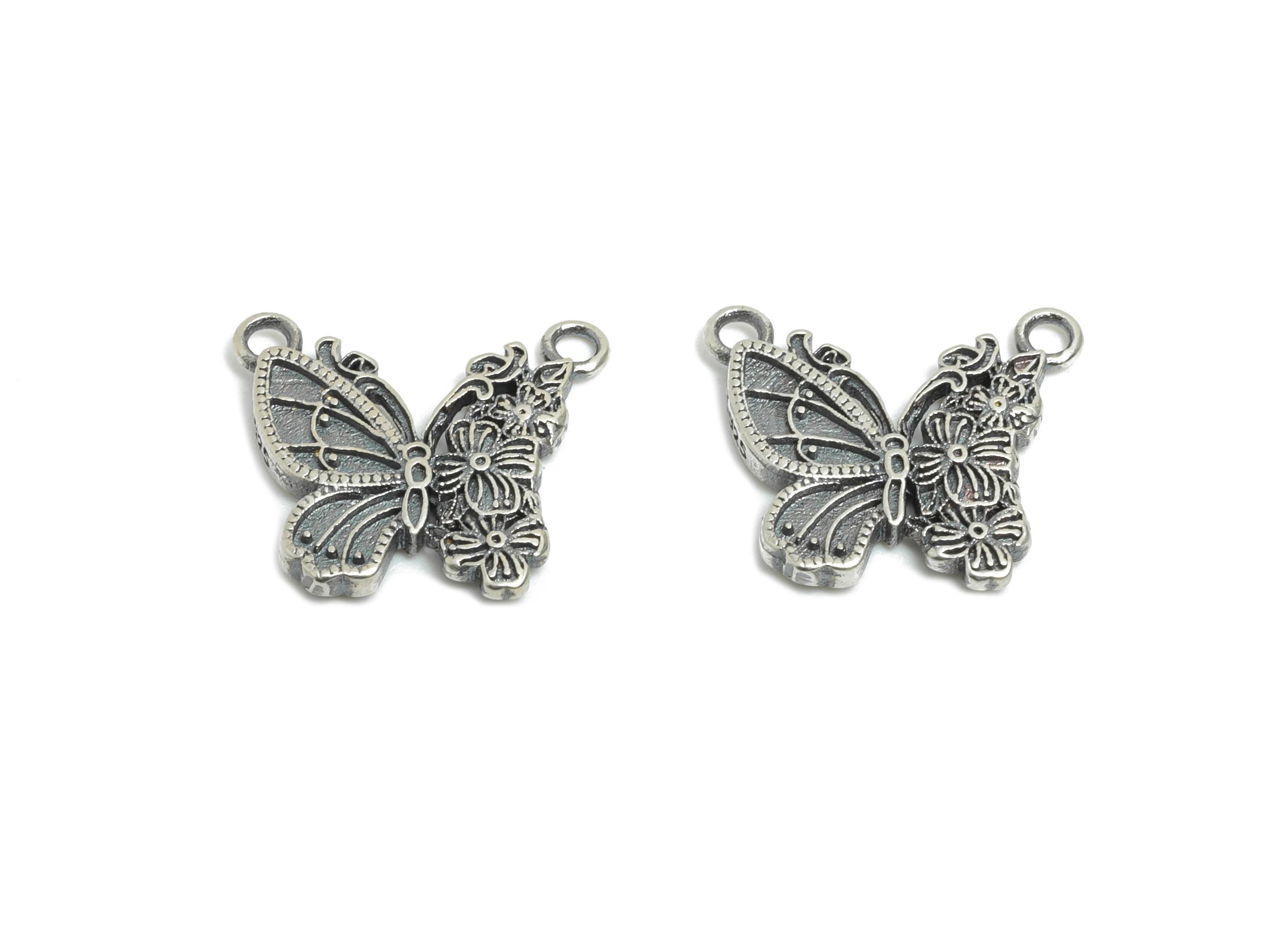 Butterfly Necklace Pendant - Vintage Insect Flower Connector for Necklace - 925 Sterling Silver - Rhodium Plated - 12x13.8x1.75mm - SI1123 - DOMEDBAZAAR