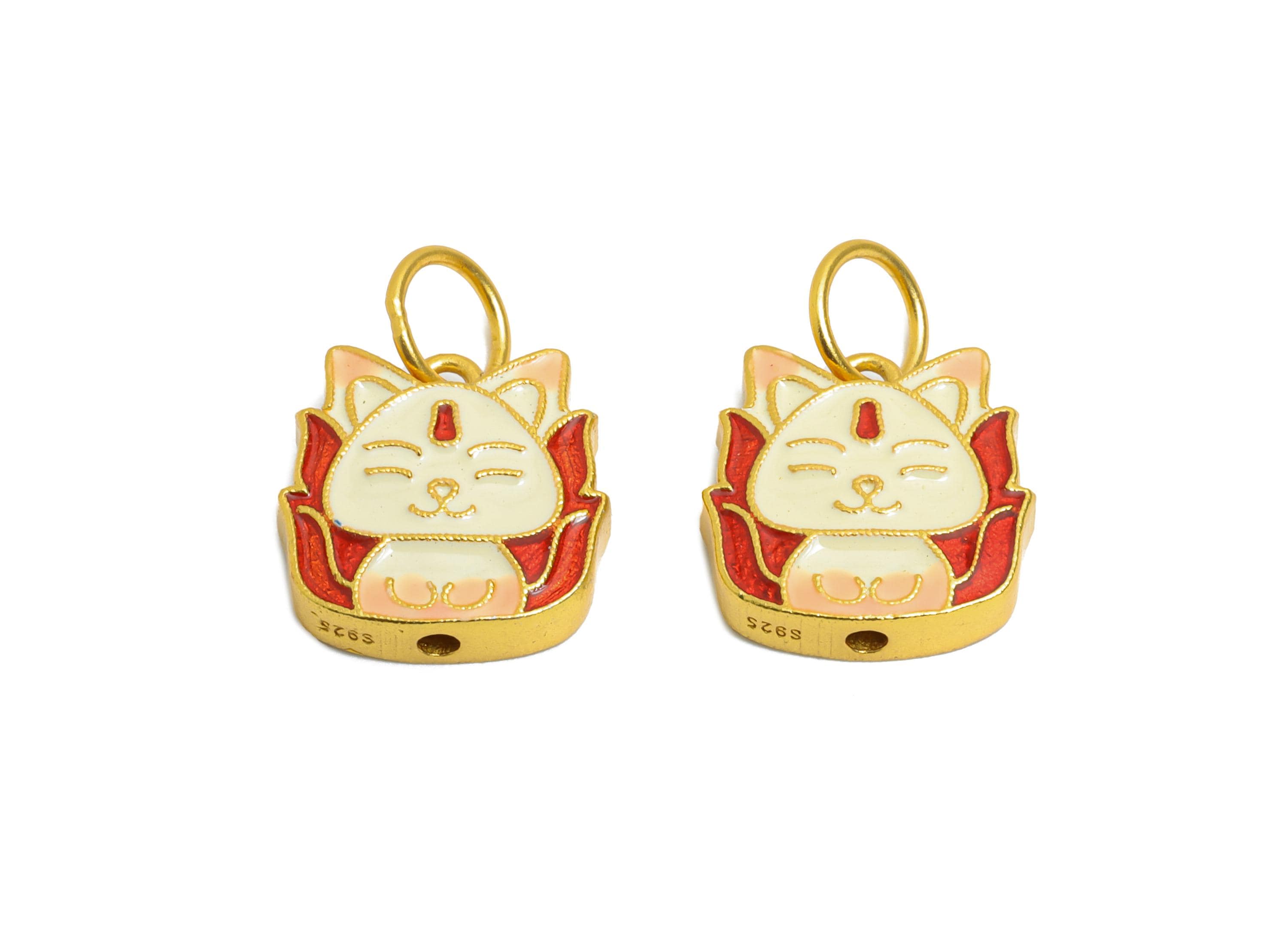 Enamel Lucky Cat Charm - Cute Fortune Cat Spacer for Bracelet - Spacer Bead - 925 Sterling Silver - KC Gold Plated - 11.9x11.6x3mm - SI1125 - DOMEDBAZAAR