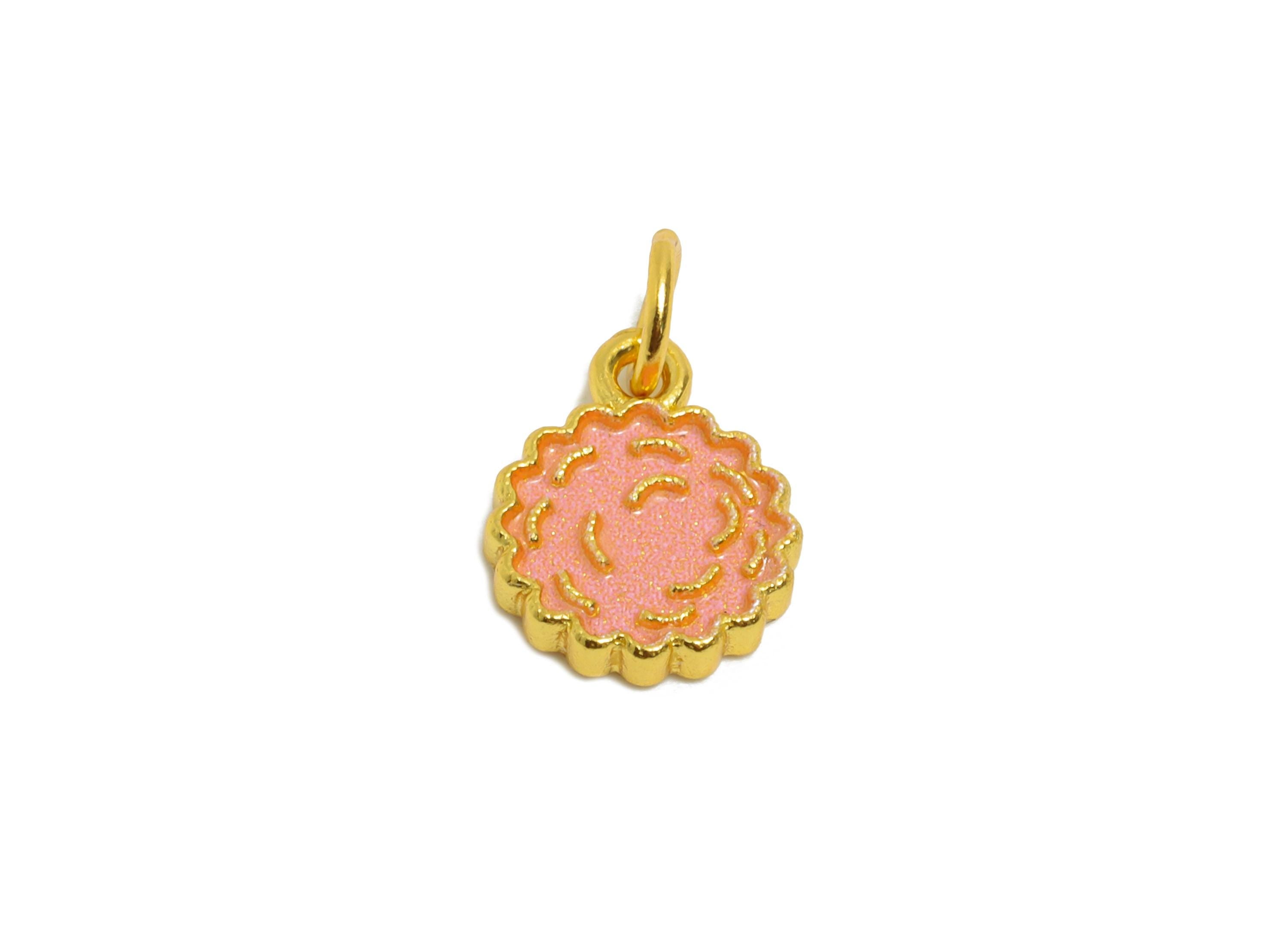 Pink Enamel Flower Charm - Gold Tone Spring Floral Charm For Bracelet - 925 Sterling Silver - 24k Real Gold Plating - 8x7.14x1.56mm - SI1134 - DOMEDBAZAAR