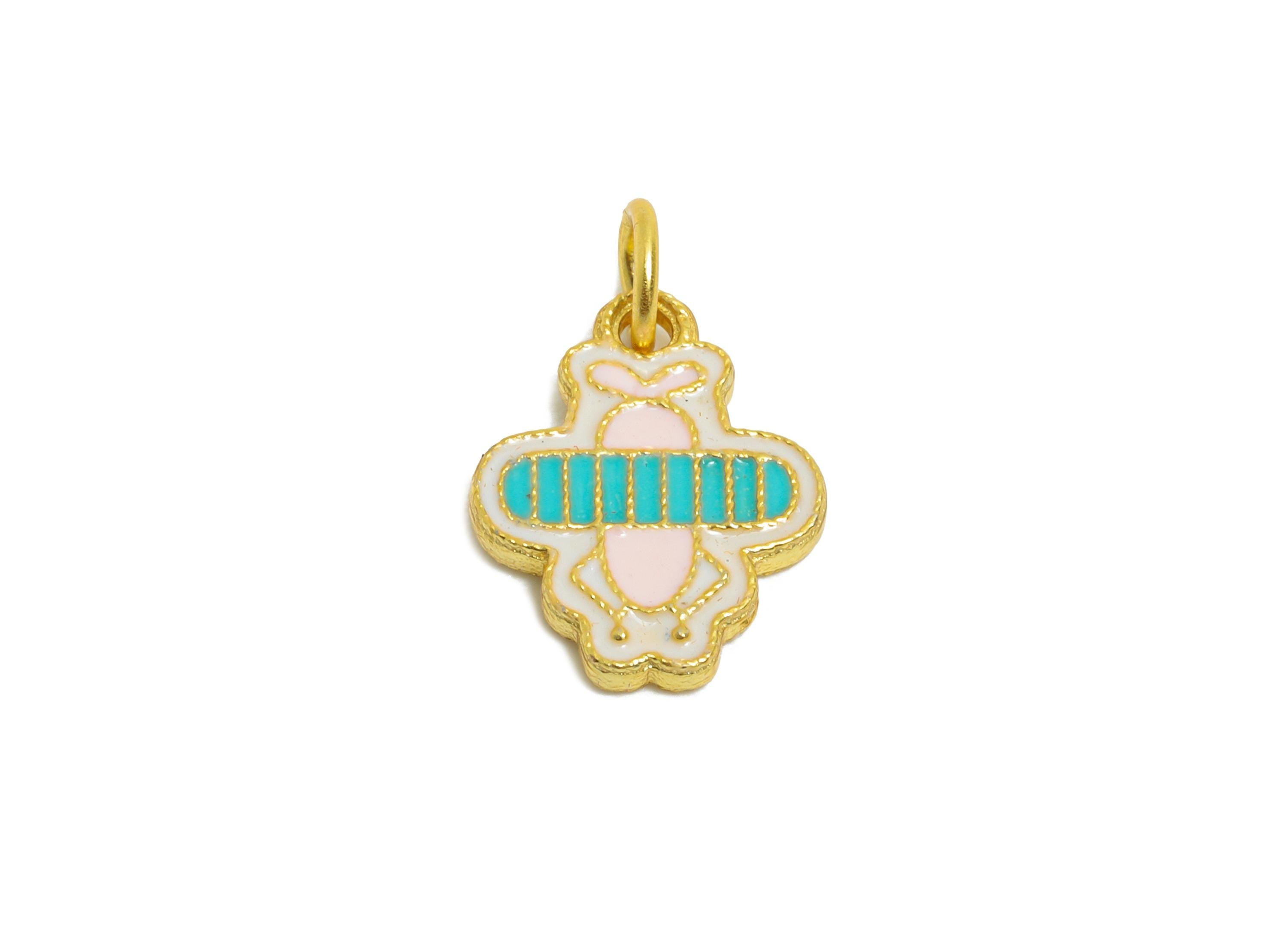 Colorful Bee Enamel Charm - Gold Tone Kawaii Bee Charm For Bracelet - 925 Sterling Silver - 24k Real Gold Plating - 11x8.93x1.35mm- SI1135 - DOMEDBAZAAR