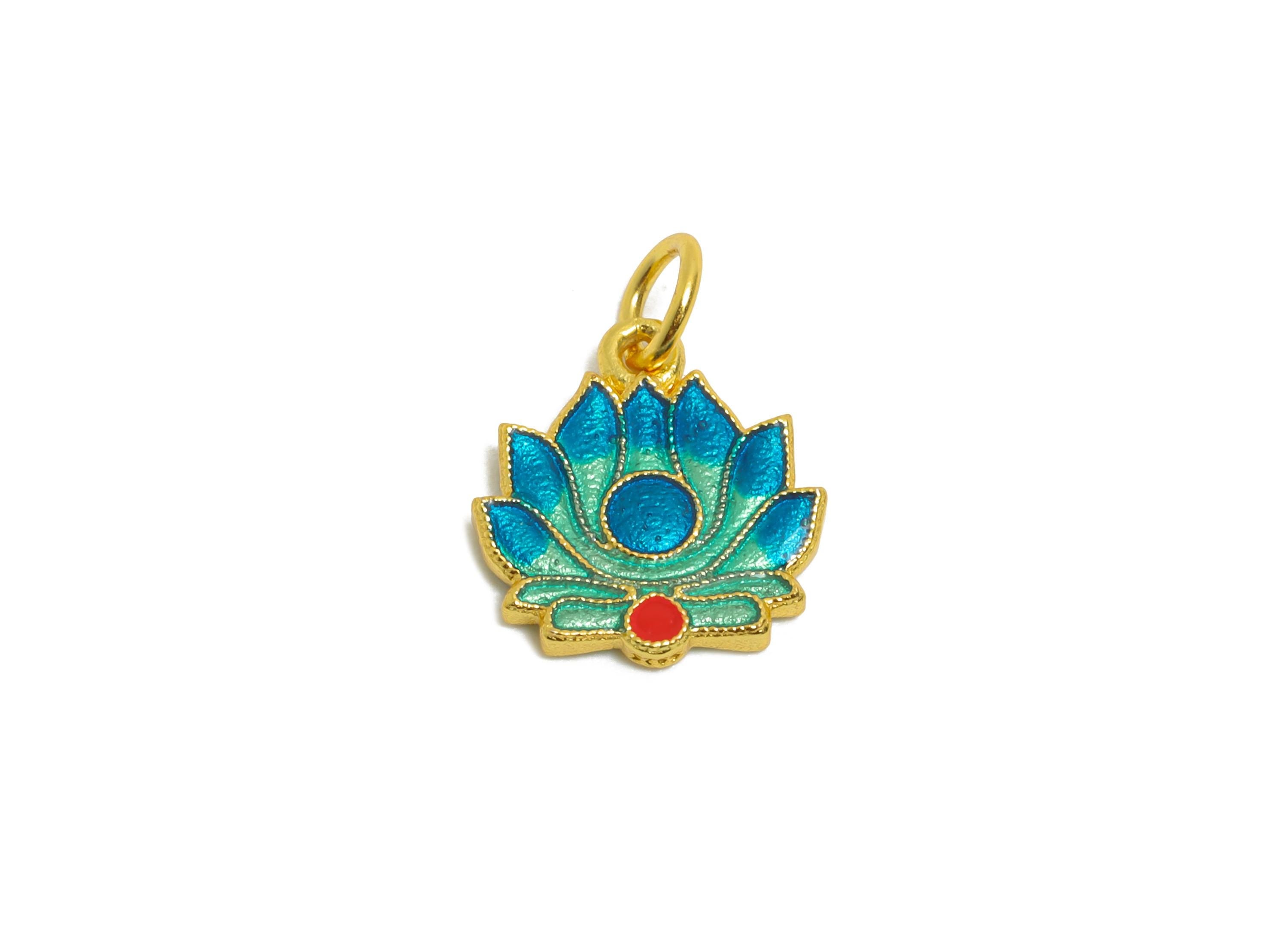 Colorful Enamel Lotus Charm - Mandala Lotus Charm For DIY Bracelet - 925 Sterling Silver - 24k Real Gold Plating - 10x9x1.45mm - SI1132 - DOMEDBAZAAR