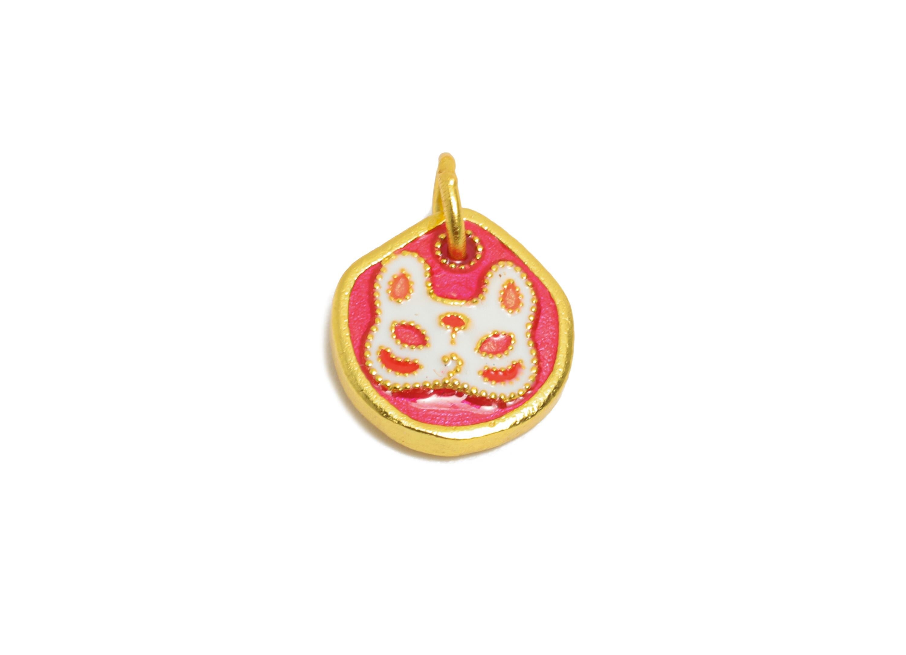 Pink Lucky Cat Charm - Handmade Enamel Japanese Cat Charm For Bracelet - 925 Sterling Silver - 24k Real Gold Plating - 8x8x2.27mm - SI1136 - DOMEDBAZAAR