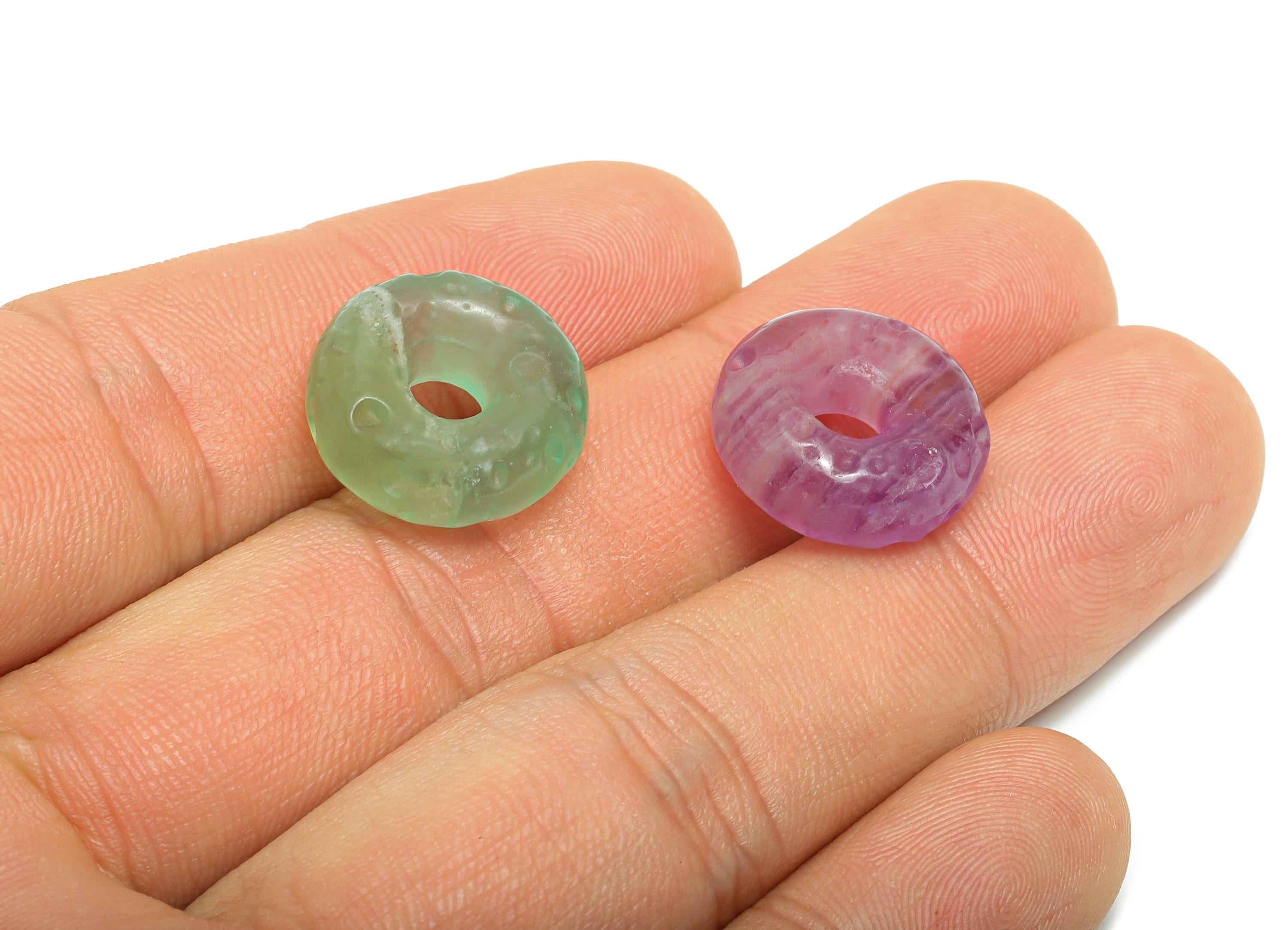 Carved Fluorite Donut Charm - Natural Fluorite Crystal - Handmade Carved Round Gemstone - Craft Making - Energy Stone - 16x16.5x6mm - NS3101 - DOMEDBAZAAR