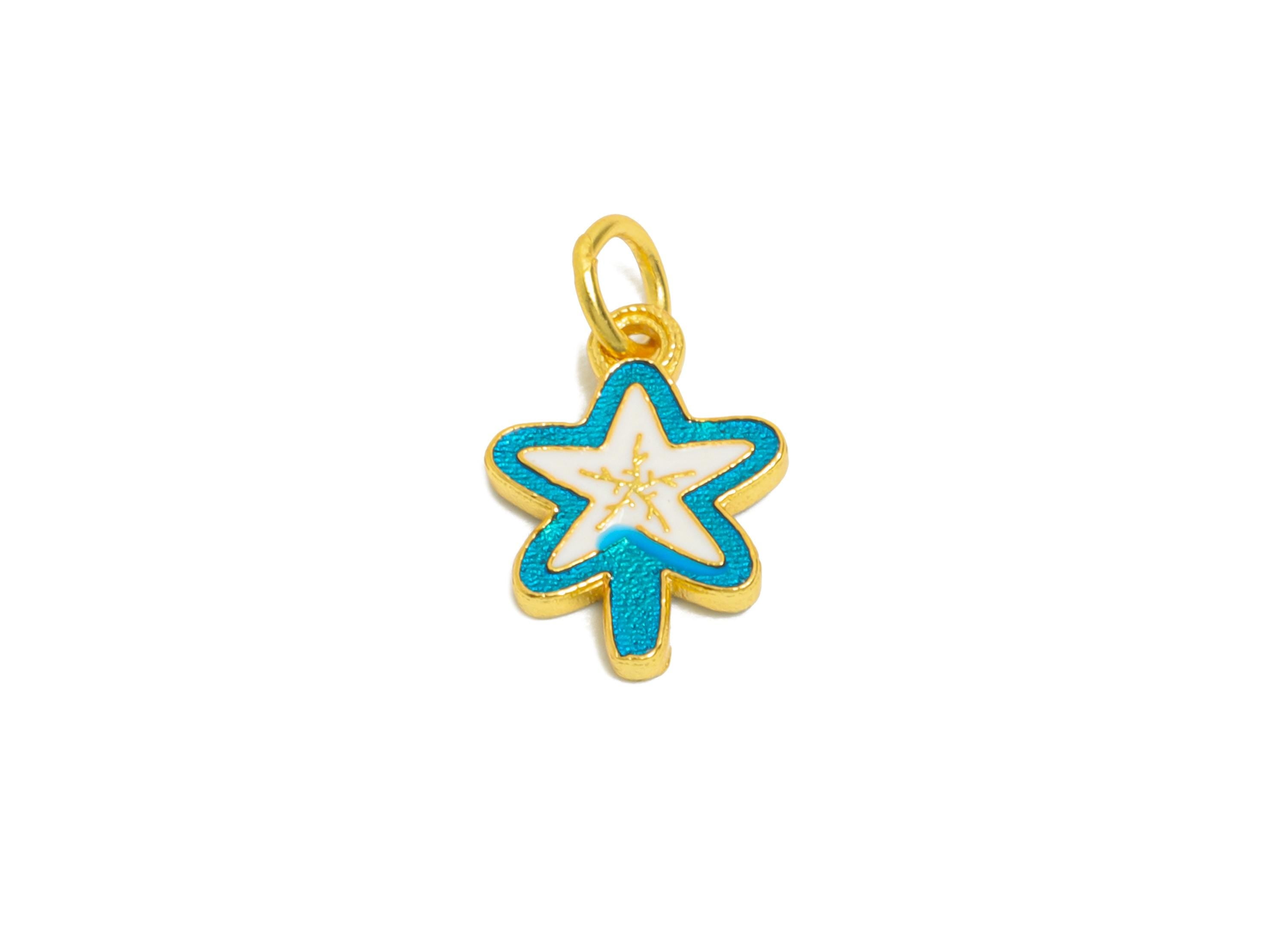Colorful Enamel Star Charm - Magic Wand Pendant For DIY Bracelet - 925 Sterling Silver - 24k Real Gold Plating - 10x9x1.45mm - SI1139 - DOMEDBAZAAR