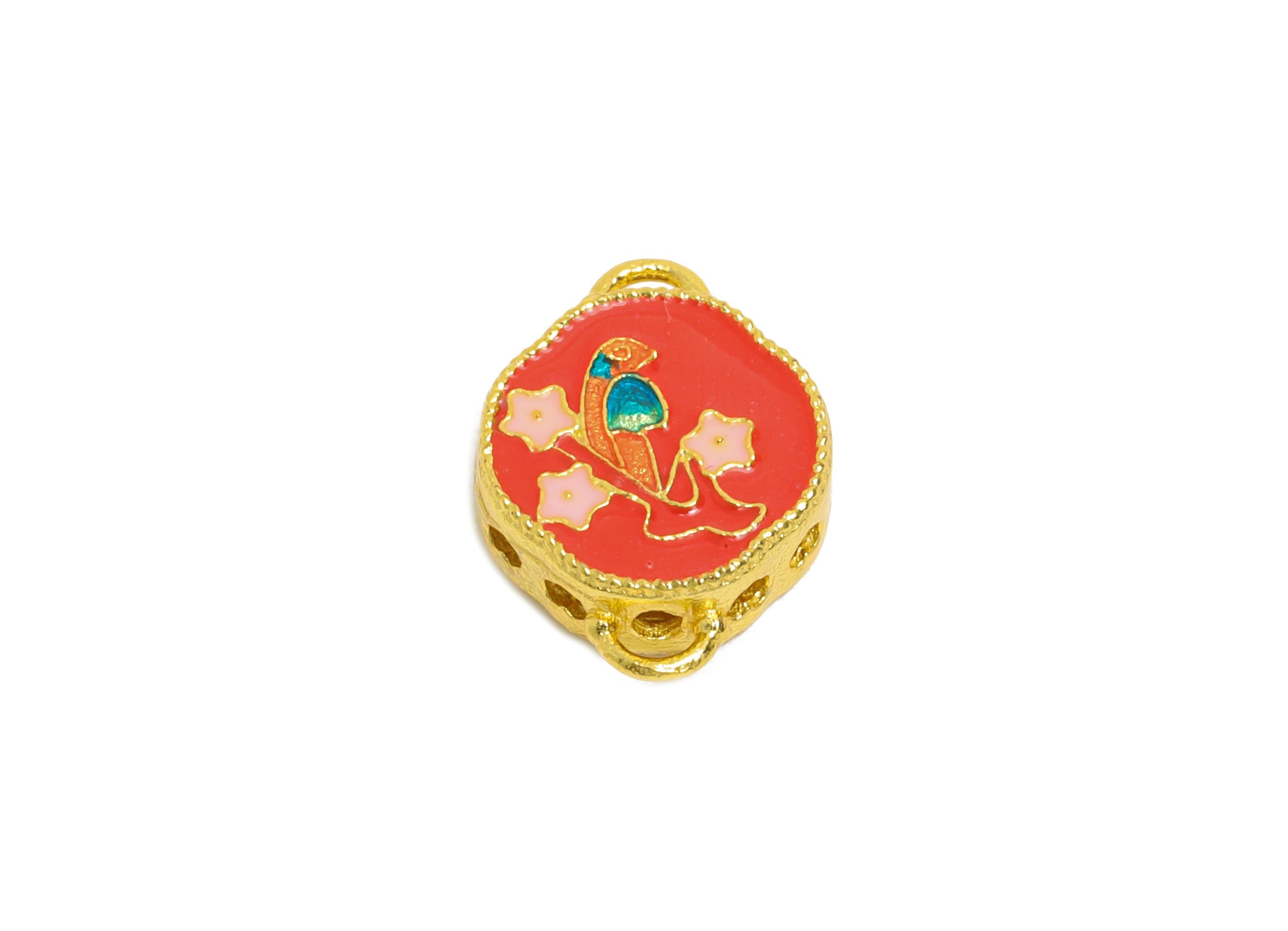 Colorful Enamel Bird Charm -Cloisonné Jewelry Charm For DIY Bracelet - 925 Sterling Silver - 24k Real Gold Plating - 10x9x1.45mm - SI1133 - DOMEDBAZAAR