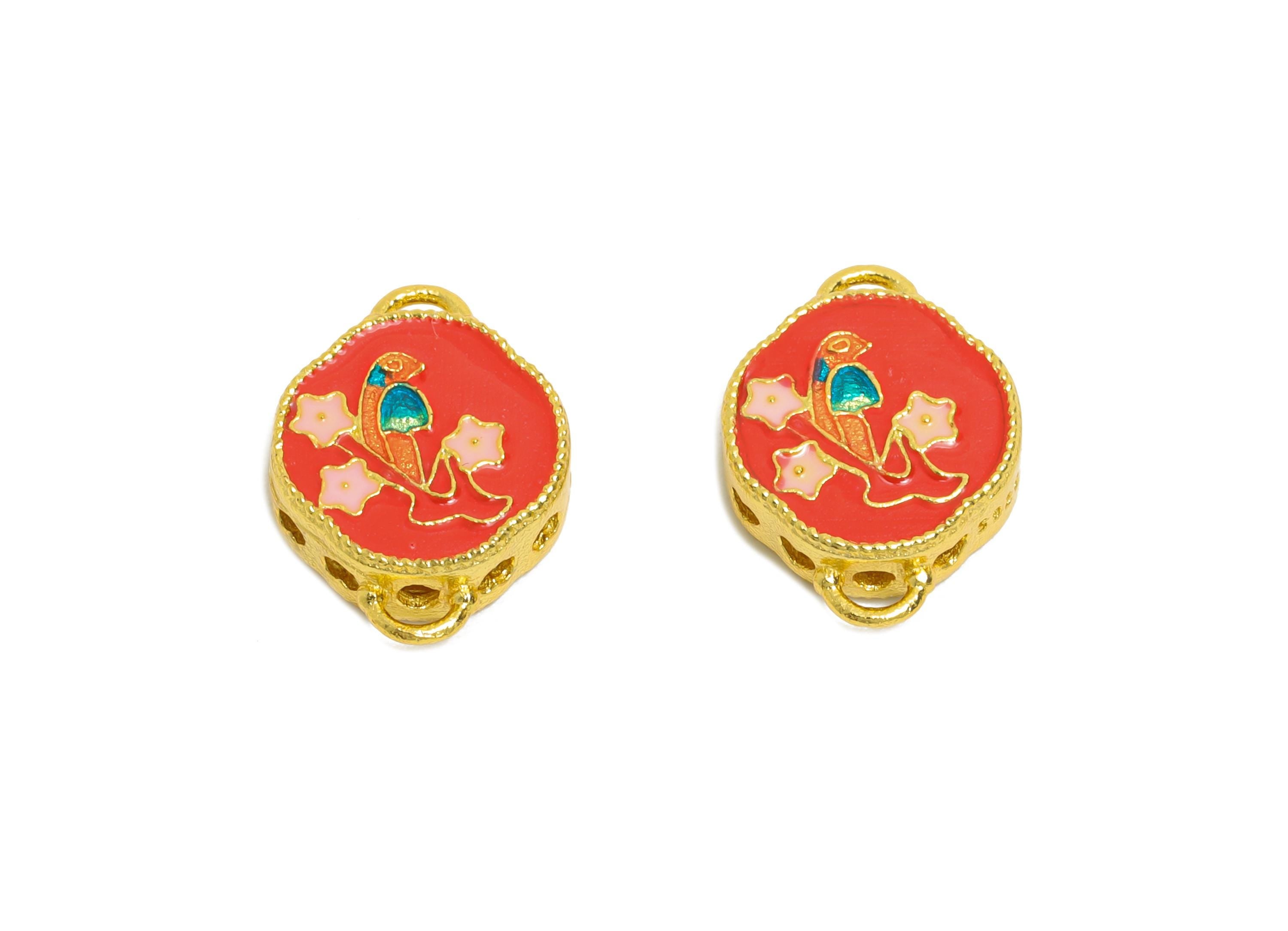 Colorful Enamel Bird Charm -Cloisonné Jewelry Charm For DIY Bracelet - 925 Sterling Silver - 24k Real Gold Plating - 10x9x1.45mm - SI1133 - DOMEDBAZAAR