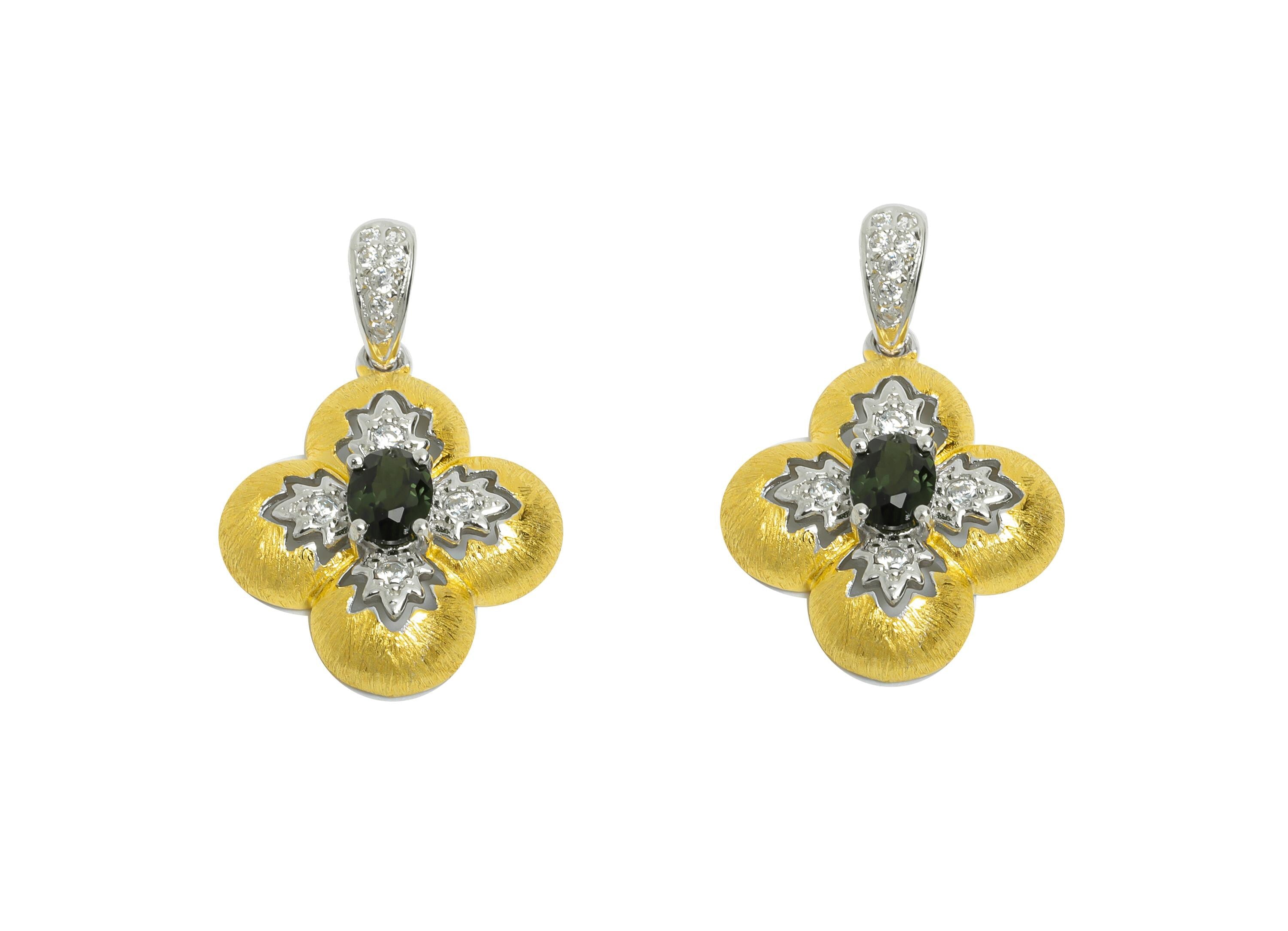 Classic Diopside Pendant - Vintage Zircon Geometry With Bail For Necklace - 925 Sterling Silver - 18k Real Gold Plating - 24x16x5mm - SI1183 - DOMEDBAZAAR