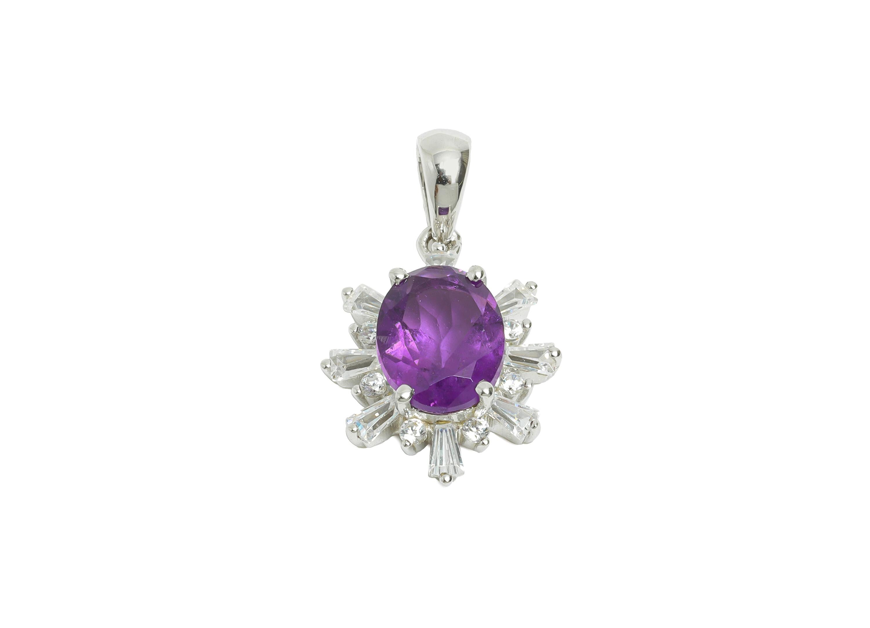 Dainty Amethyst CZ Pendant - Luxury Cubic Zircon Women’s Pendant with Bail - 925 Sterling Silver - Silver Plating - 20.9x15.7x6mm - SI1186 - DOMEDBAZAAR