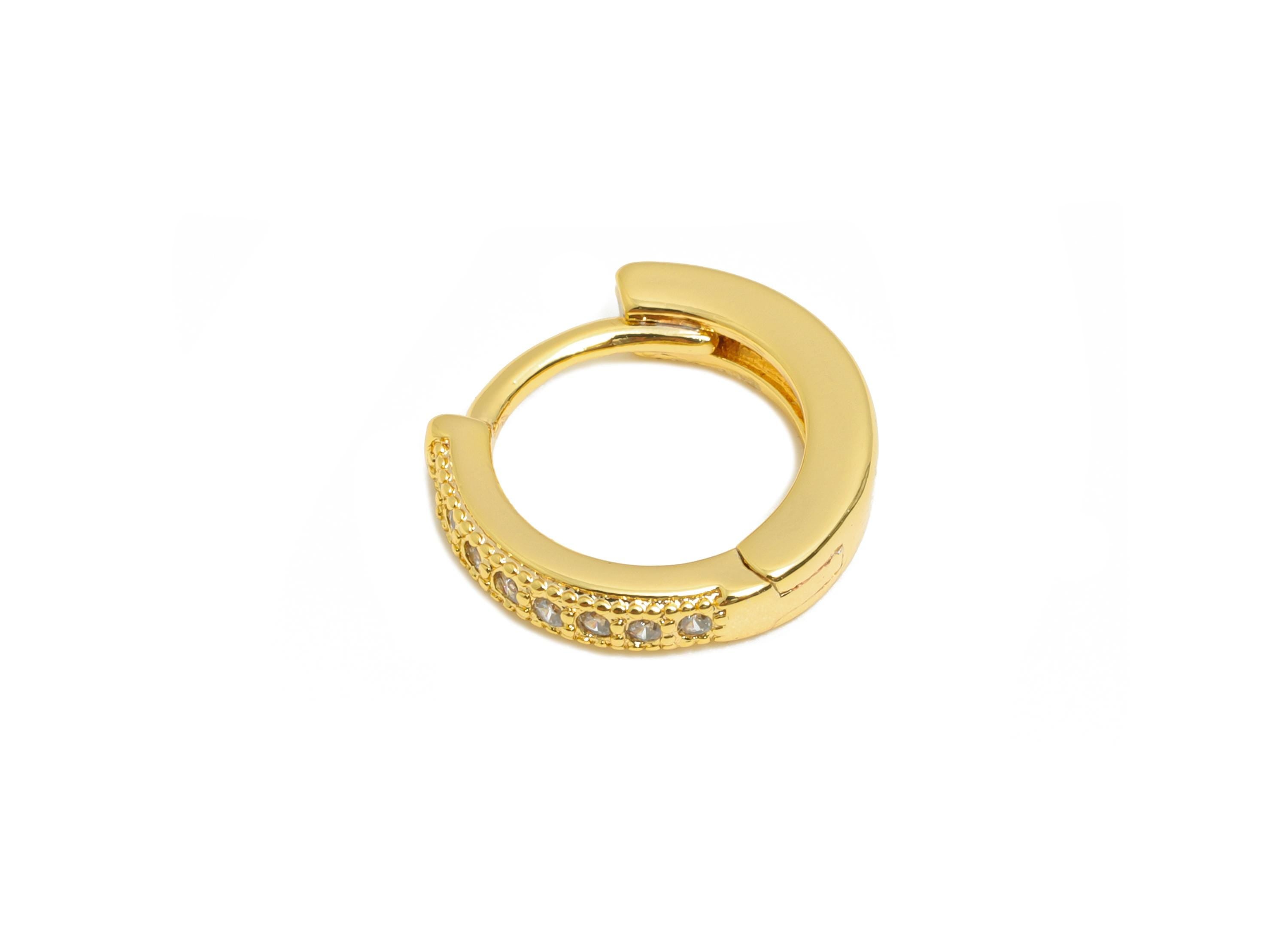 Brass CZ Round Huggie Hoop Earring - Brass Zircon Earring - Sparkling Huggie Hoop Clasp - 18K Real Gold Plated - 12.18x11.2x2.2mm - RGP10921 - DOMEDBAZAAR