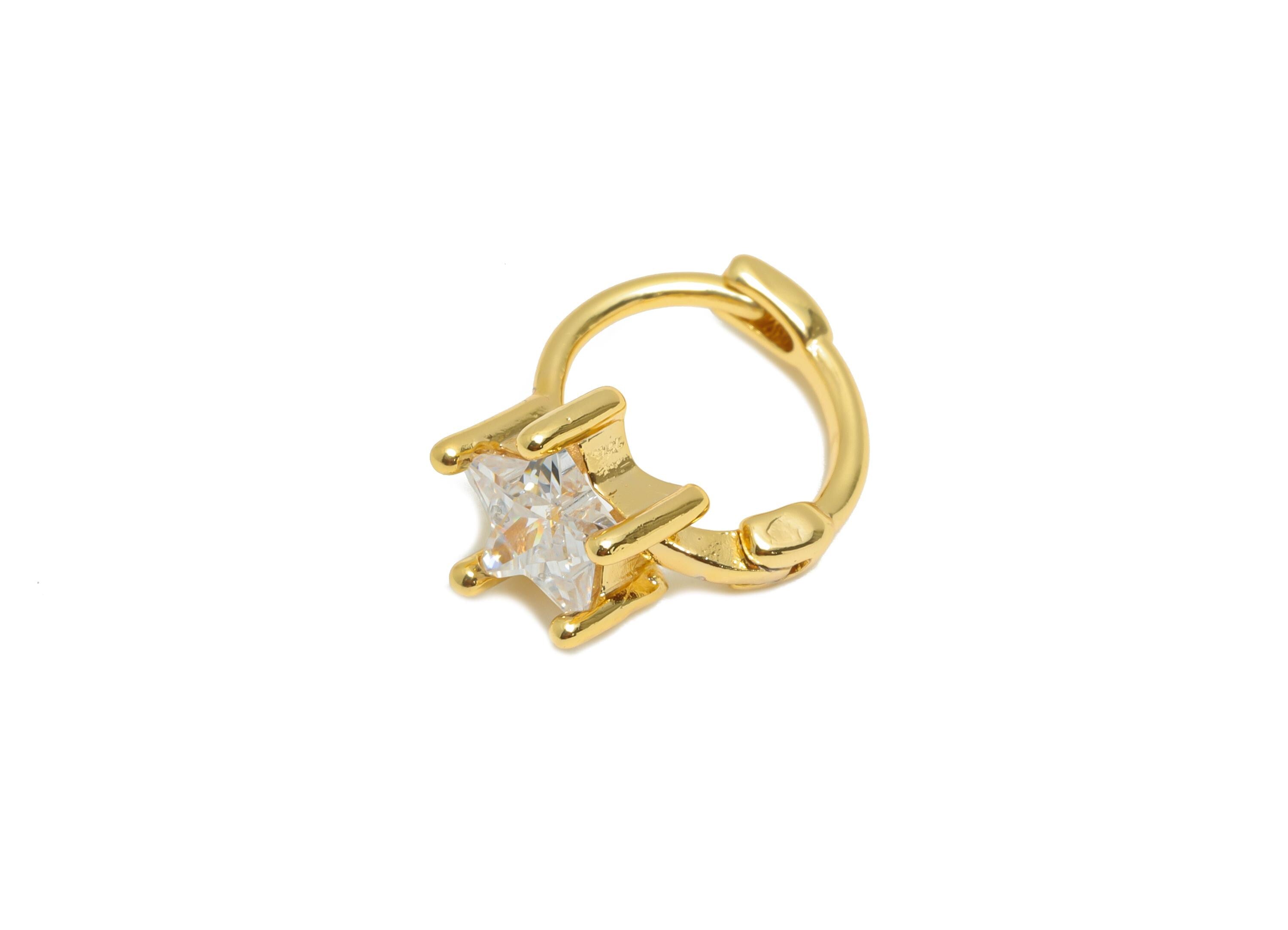 Brass CZ Huggie Hoop Earring - Minimalist Brass Star Zircon Earring - Star Huggie Hoop Clasp - 18K Real Gold Plated - 13x9.7x6mm - RGP10914 - DOMEDBAZAAR