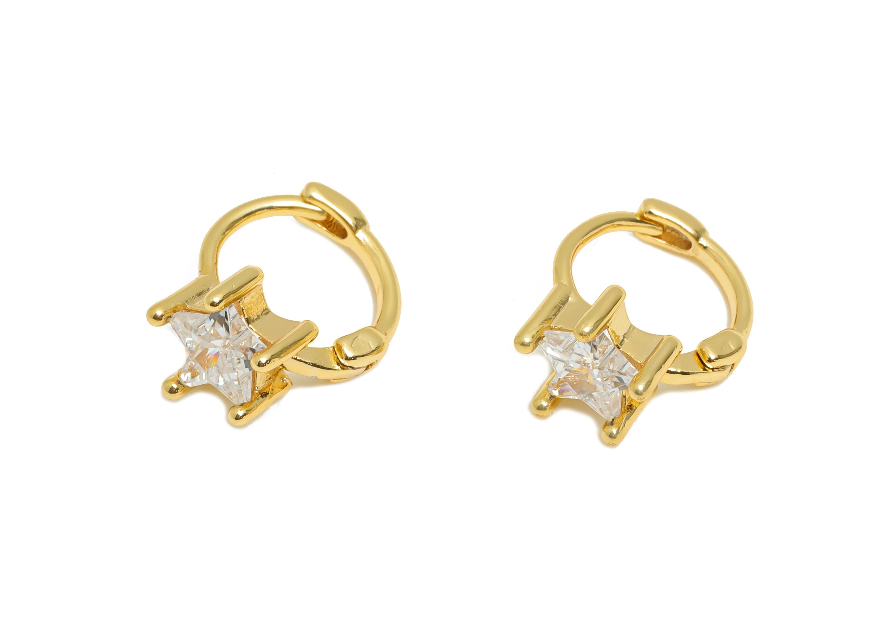 Brass CZ Huggie Hoop Earring - Minimalist Brass Star Zircon Earring - Star Huggie Hoop Clasp - 18K Real Gold Plated - 13x9.7x6mm - RGP10914 - DOMEDBAZAAR