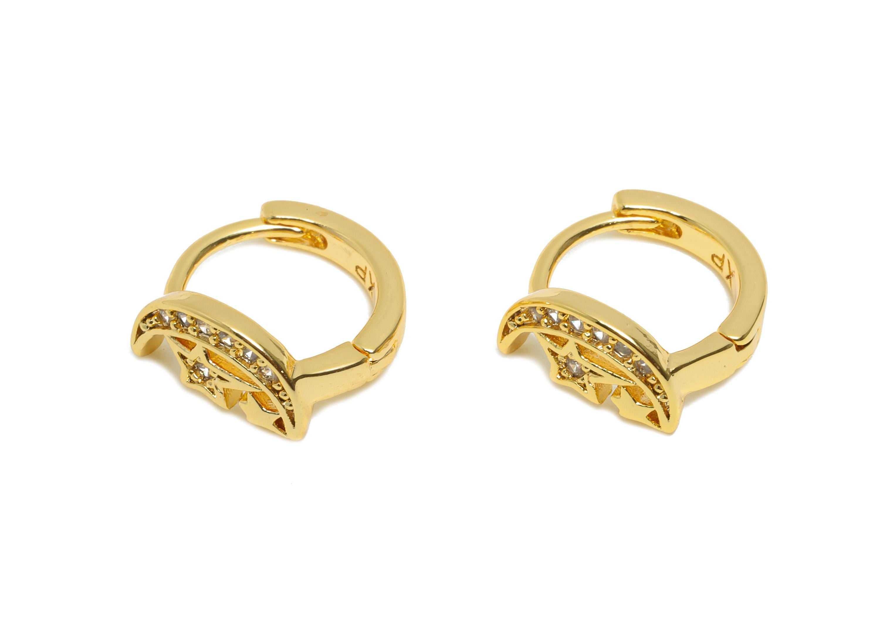 Brass CZ Huggie Hoop Earring - Brass Celestial Moon Star Earring - Zircon Huggie Hoop Clasp - 18K Real Gold Plated - 10.37x10x5mm - RGP10939 - DOMEDBAZAAR