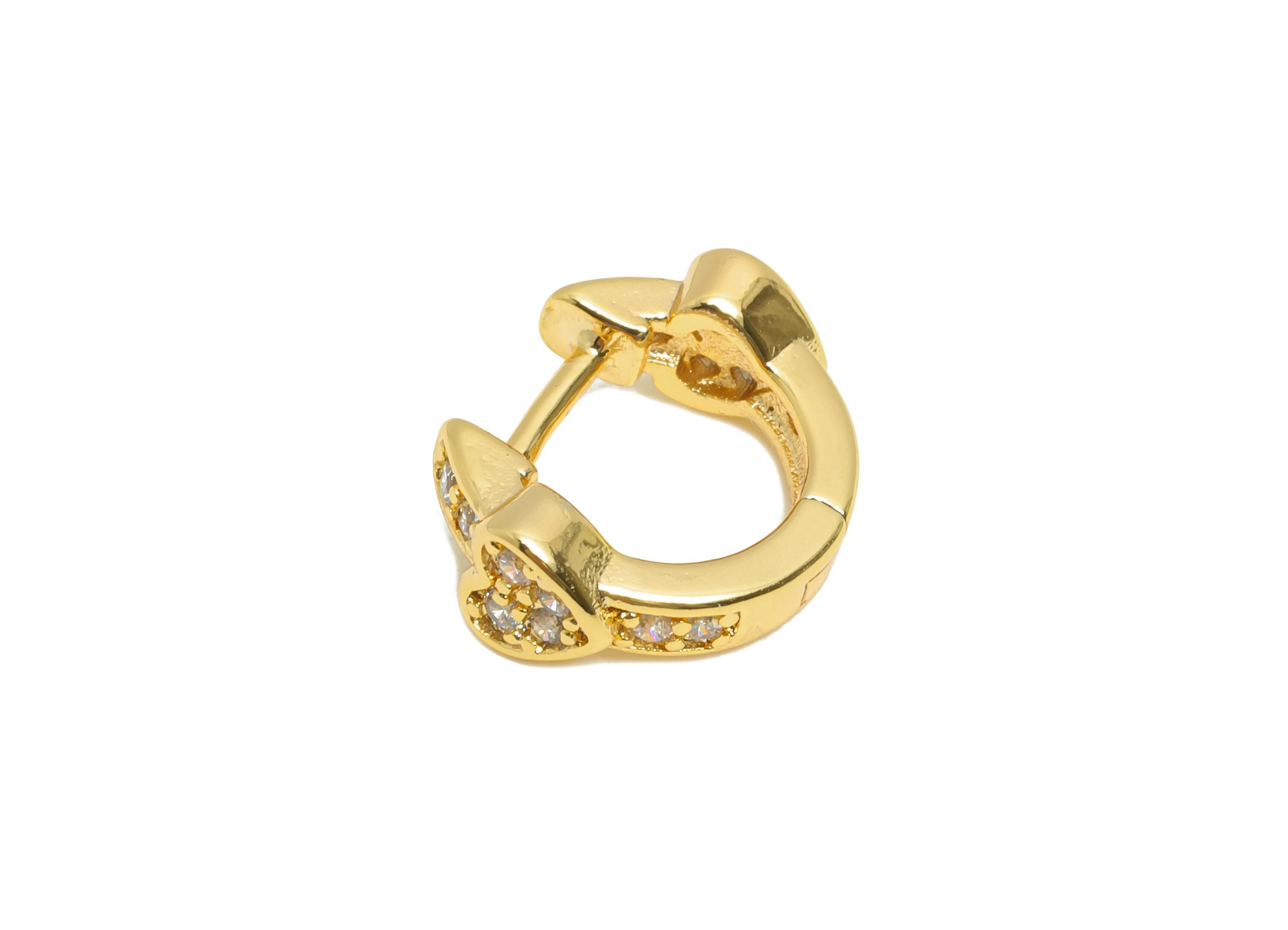Brass CZ Heart Huggie Hoop Earring - Brass Zircon Hoop Earring - Sparkling Huggie Hoop Clasp - 18K Real Gold Plated - 11.7x11x2mm - RGP10918 - DOMEDBAZAAR