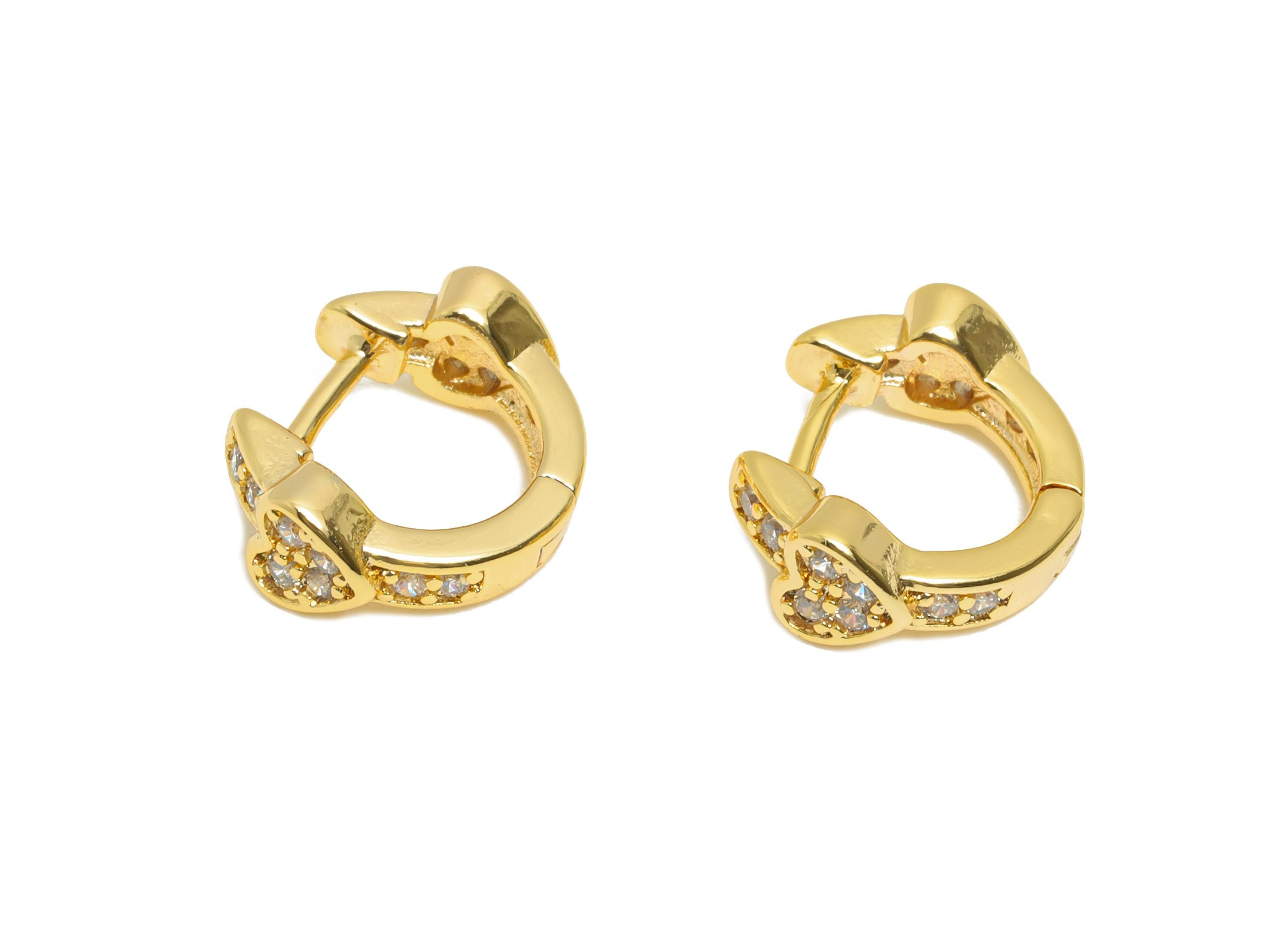 Brass CZ Heart Huggie Hoop Earring - Brass Zircon Hoop Earring - Sparkling Huggie Hoop Clasp - 18K Real Gold Plated - 11.7x11x2mm - RGP10918 - DOMEDBAZAAR