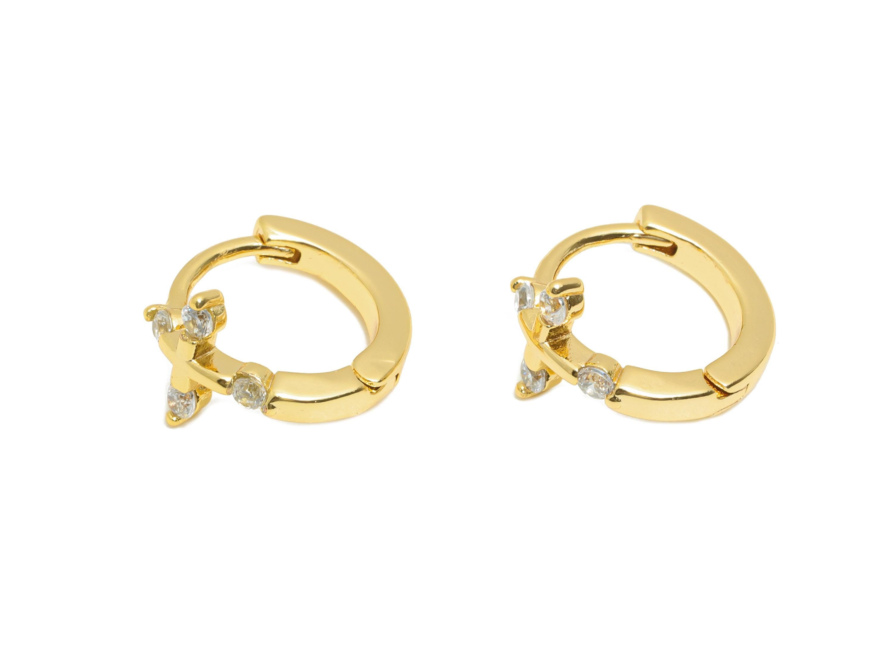 Brass CZ Cross Huggie Hoop Earring - Brass Zircon Earrings - Statement Huggie Hoop Clasp - 18K Real Gold Plated - 11.7x10.75x7mm - RGP10912 - DOMEDBAZAAR