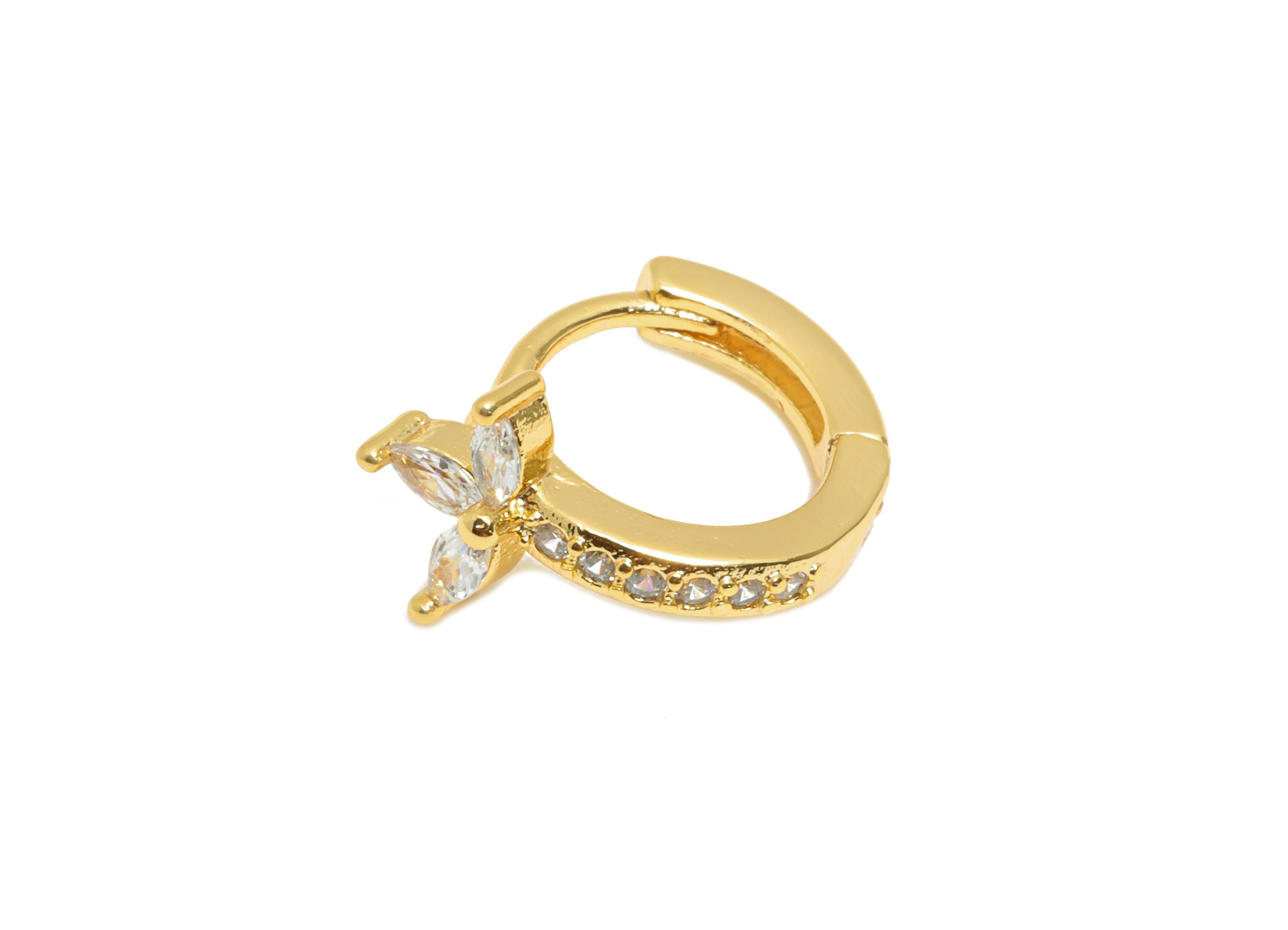 Brass CZ Huggie Hoop Earring - Mini Marquise Zircon Earring - Delicate Floral Huggie Hoop Clasp - 18K Gold Plated - 12.3x10x7.6mm - RGP10916 - DOMEDBAZAAR