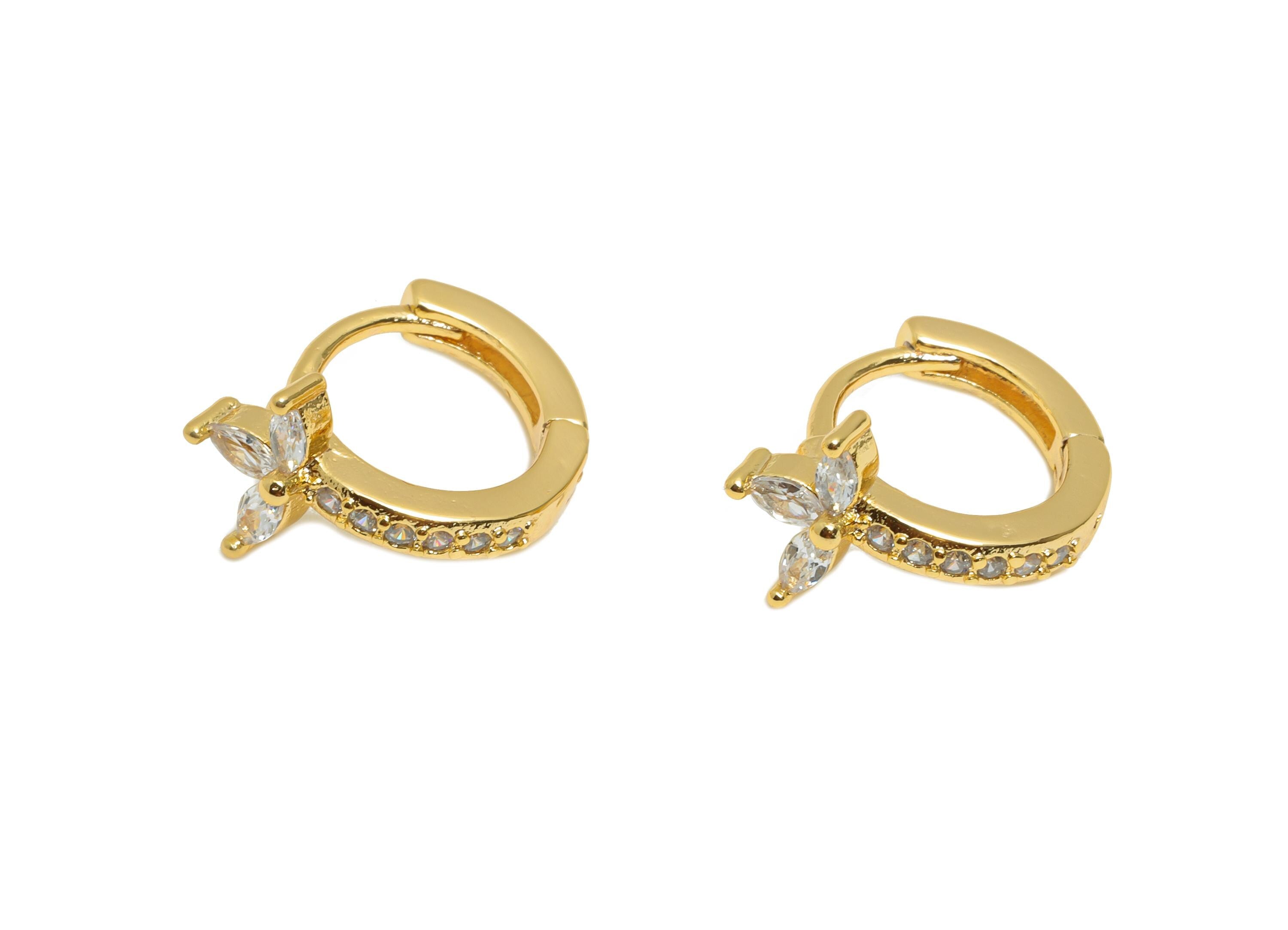 Brass CZ Huggie Hoop Earring - Mini Marquise Zircon Earring - Delicate Floral Huggie Hoop Clasp - 18K Gold Plated - 12.3x10x7.6mm - RGP10916 - DOMEDBAZAAR
