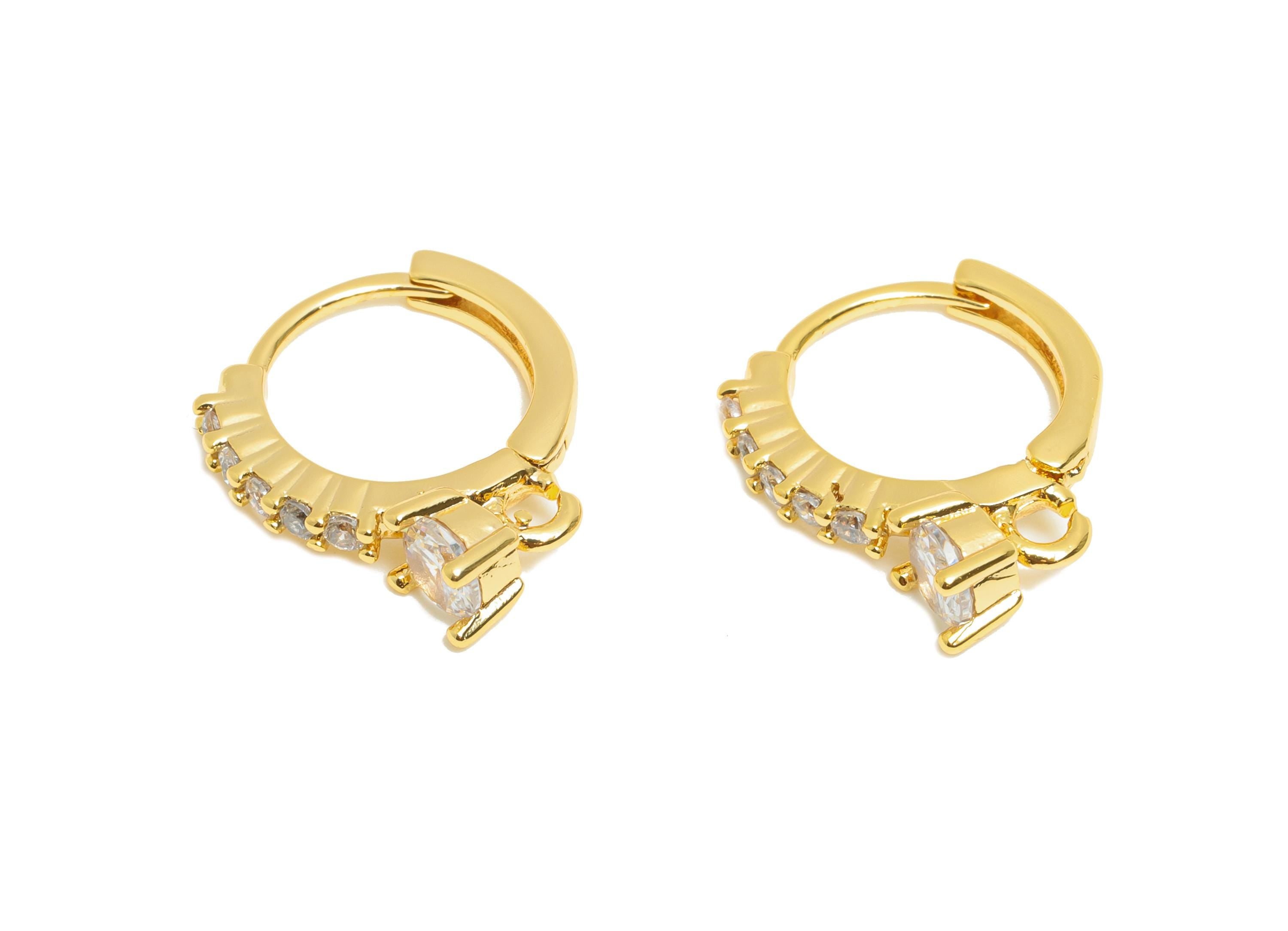 Brass CZ Round Huggie Hoop Earring - Brass Zircon Earring with Loop - Dainty Huggie Hoop Clasp - 18K Real Gold Plated - 14x13x3mm - RGP10941 - DOMEDBAZAAR
