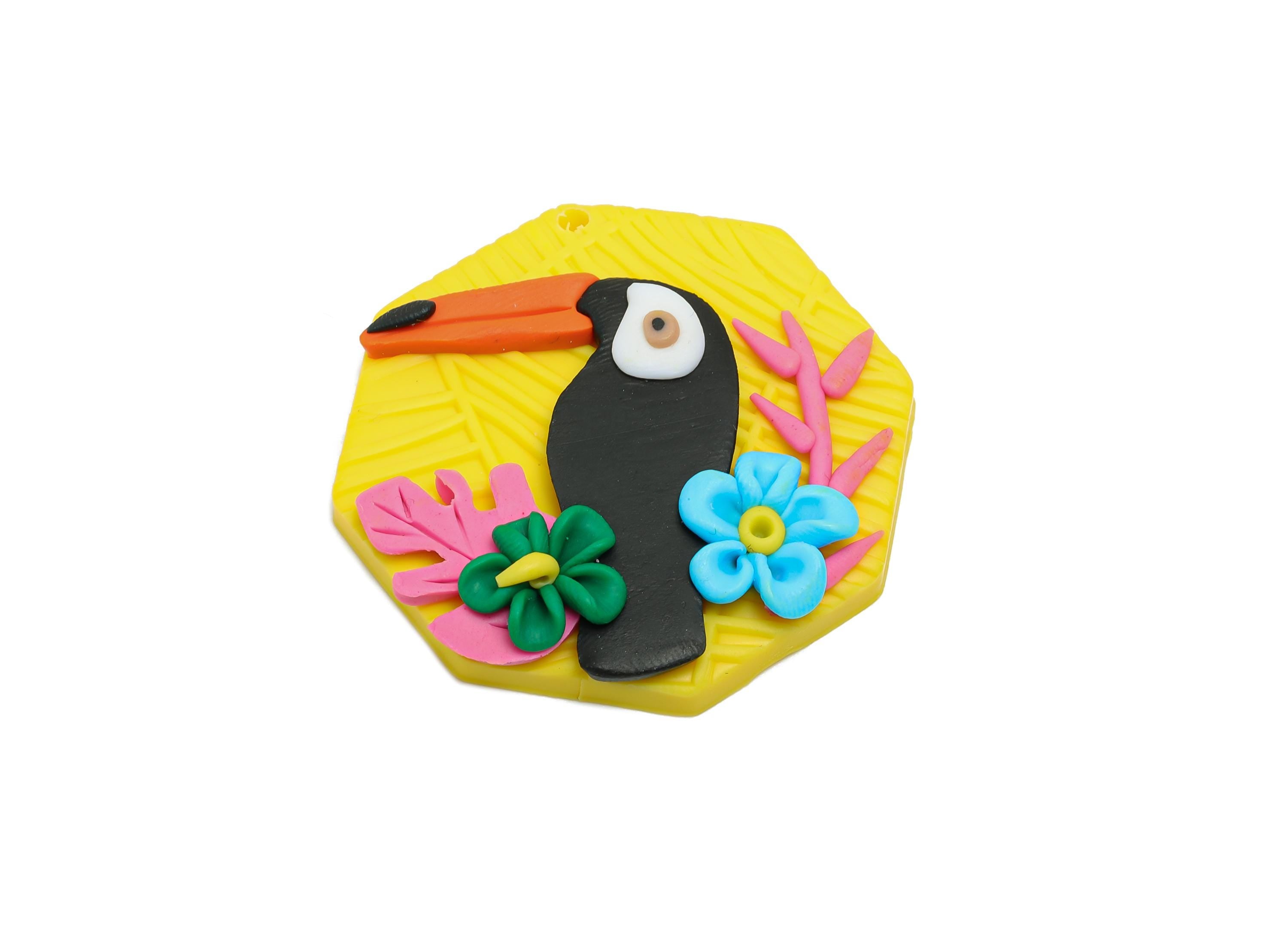 Polymer Clay Toucan Pendant - Artisan 3D Flower Charm - Bright Summer Colorful Toucan Accessory - DIY Craft Jewelry - 32x24x9.65mm - PC2342