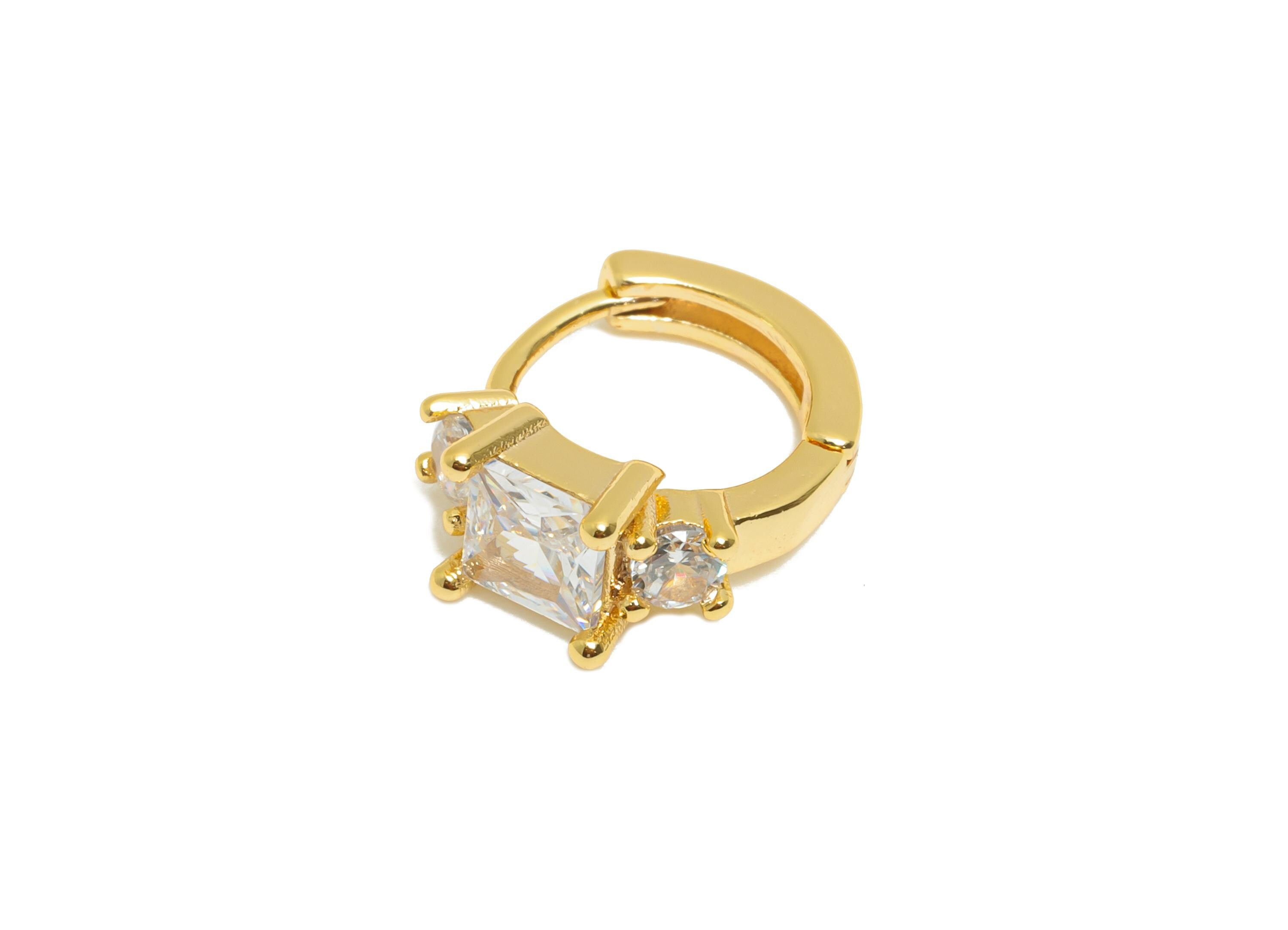 Brass CZ Huggie Hoop Earring - Brass Square Zircon Earring - Modern Huggie Hoop Clasp - 18K Real Gold Plated - 12.22x9.9x5mm - RGP10926 - DOMEDBAZAAR