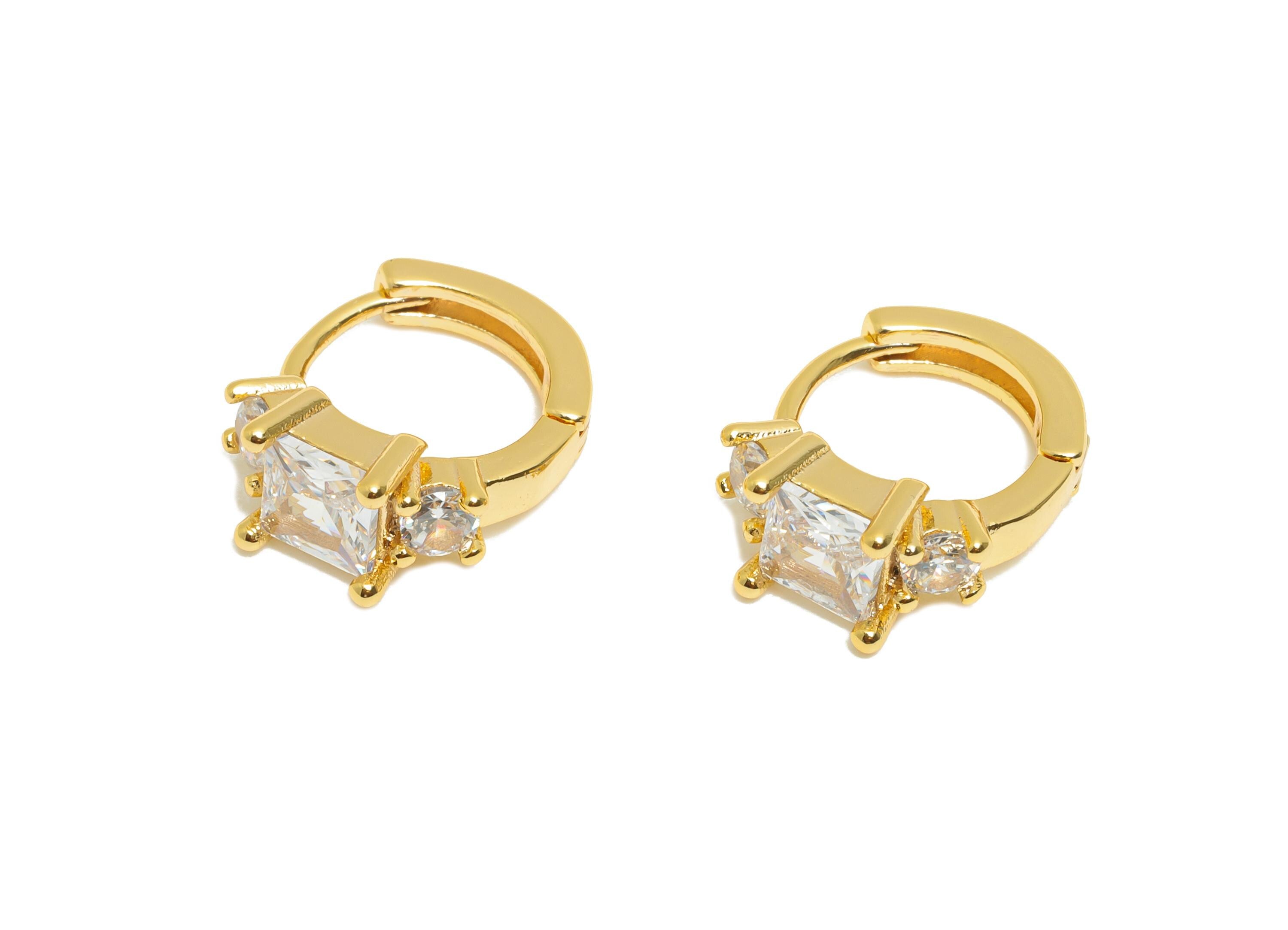 Brass CZ Huggie Hoop Earring - Brass Square Zircon Earring - Modern Huggie Hoop Clasp - 18K Real Gold Plated - 12.22x9.9x5mm - RGP10926 - DOMEDBAZAAR
