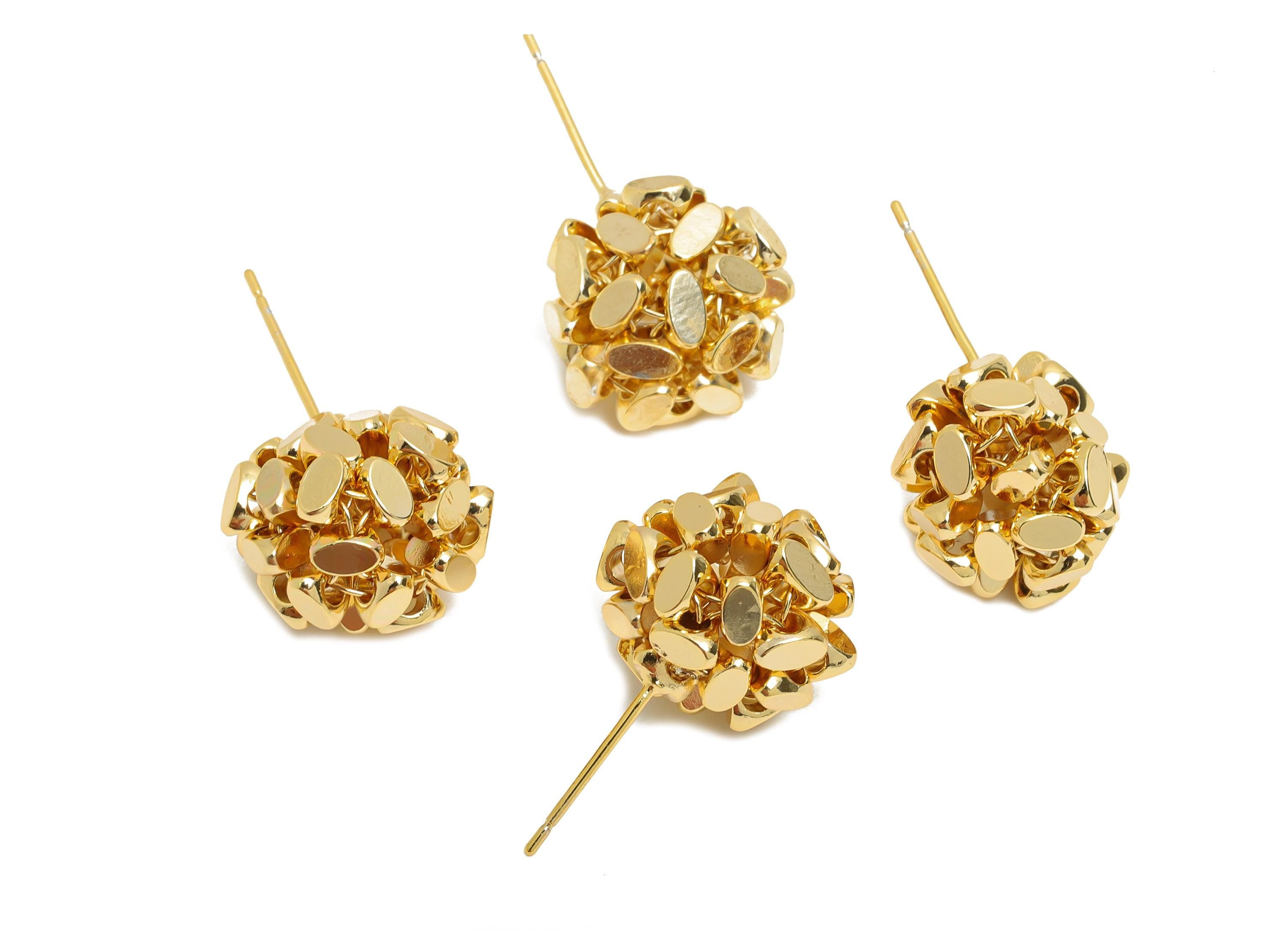 Brass Nugget Cluster Earring Stud - Brass Gold Ball Earring - Geometric Bead Cluster Earring -18K Real Gold Plating - 25x13x13mm - RGP10809 - DOMEDBAZAAR