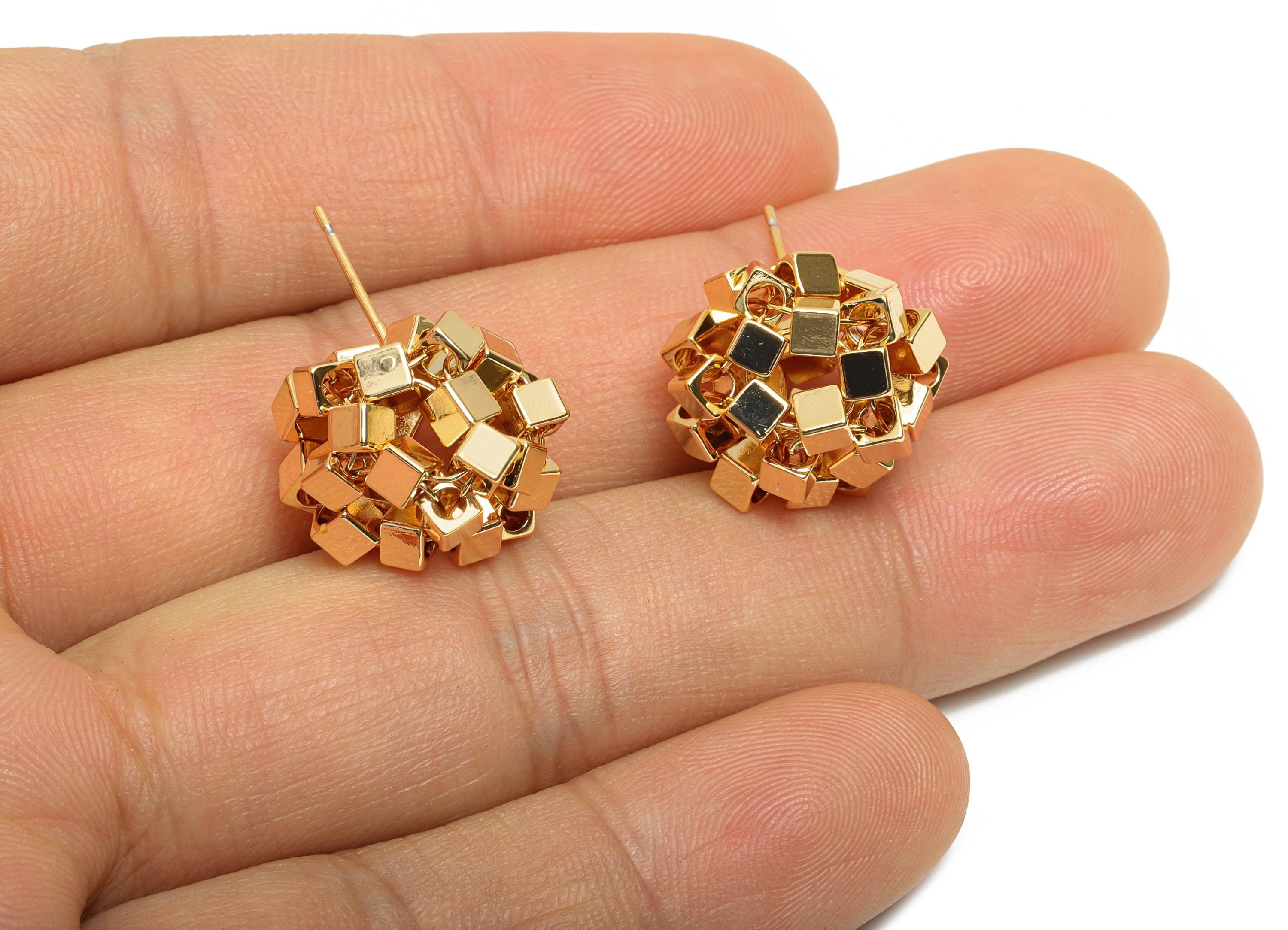 Brass Geometry Earring Post - Brass Cube Beaded Earring - Geometric Bead Cluster Earring - 18K Real  Gold Plating - 26x15x13mm - RGP10806