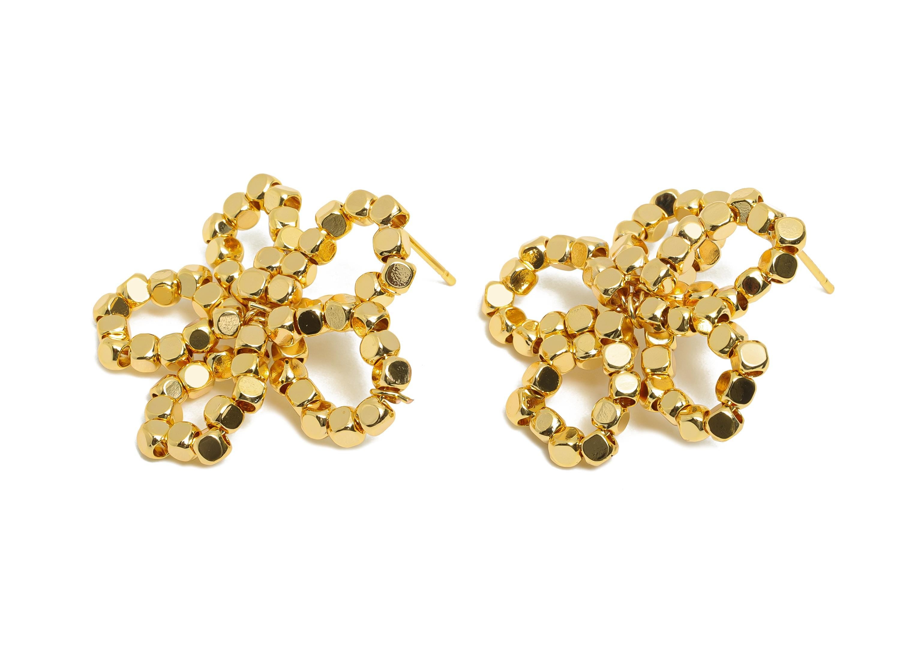 Brass Beaded Floral Earring Post - Brass Bold Flower Earring - Bead Weaving Boho Earring Stud - 18K Real Gold Plating - 41x31x2mm - RGP10801 - DOMEDBAZAAR