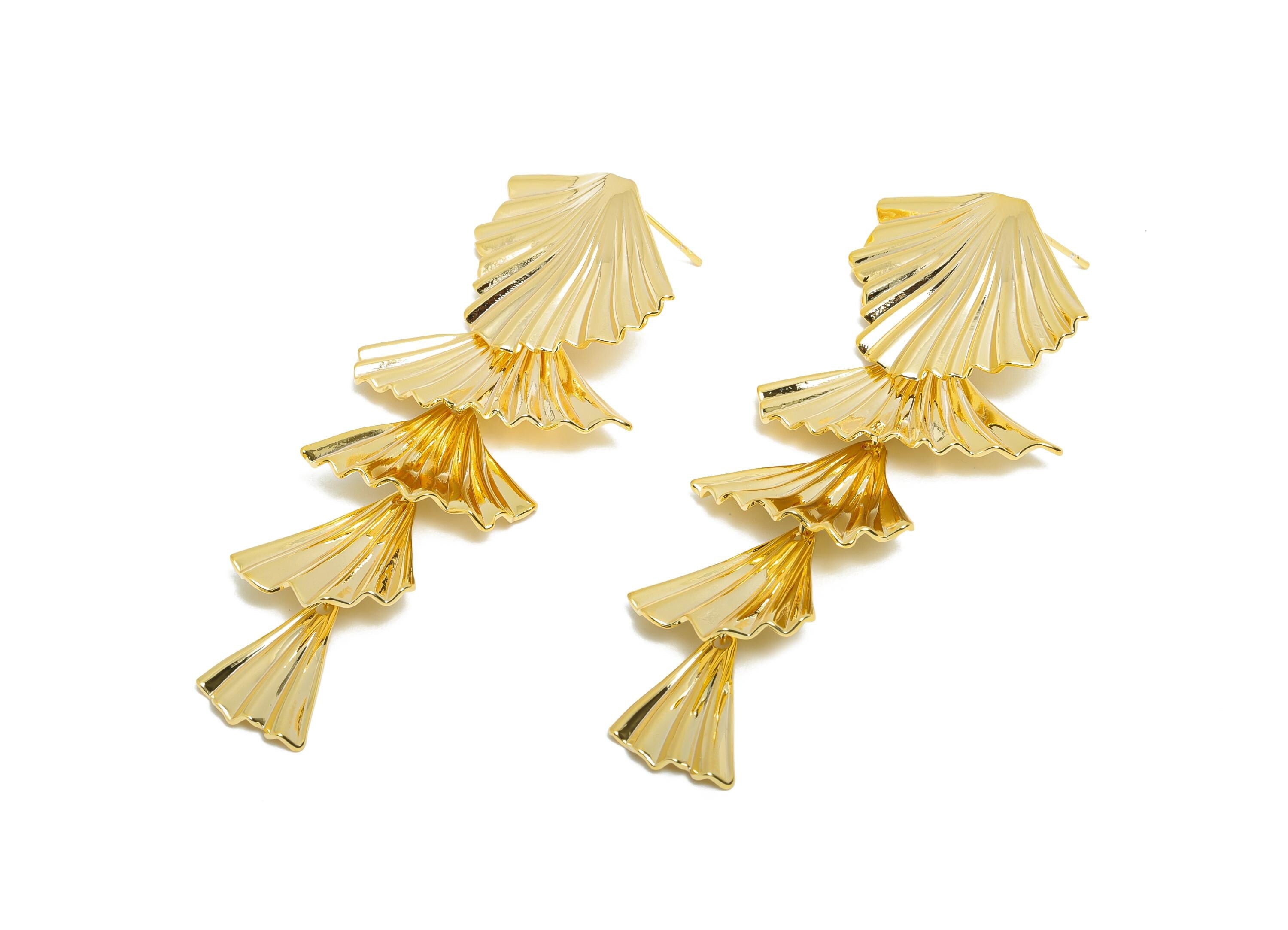 Brass Fan Earring Post - Layered Fan Drop Earring Stud - Elegant Fan Earrings for Women - 18K Real Gold Plating - 67x30x1mm - RGP10431 - DOMEDBAZAAR