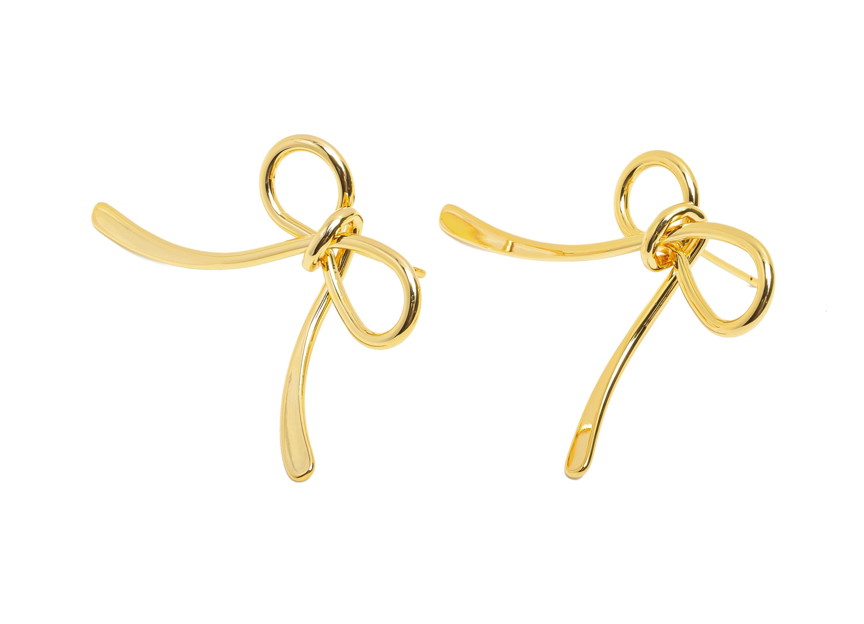 Brass Bow Earring Post - Ribbon Stud Earring - Hammered Wire Earring Stud - Gift for Her Jewelry - 18K Real Gold Plating -41x31x2mm-RGP10802 - DOMEDBAZAAR