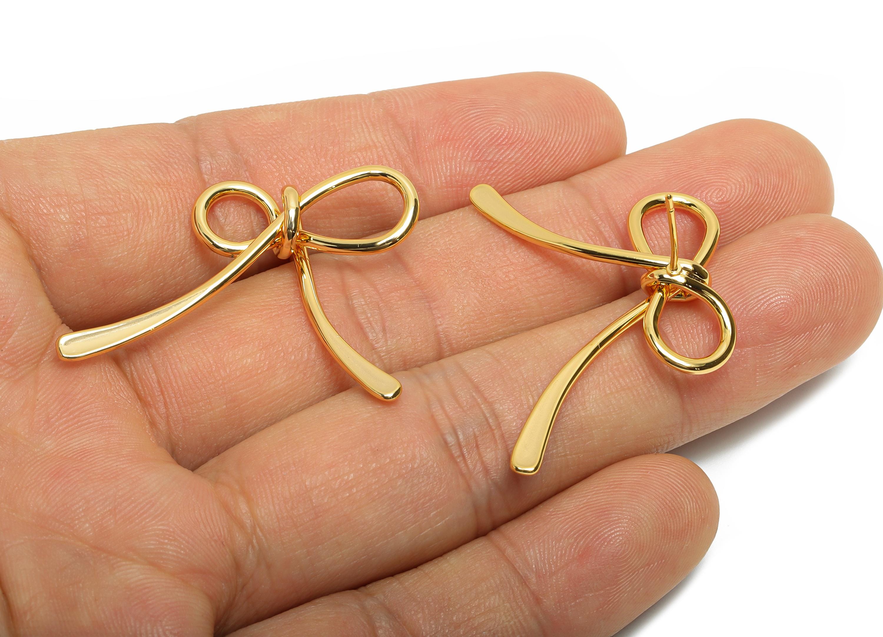 Brass Bow Earring Post - Ribbon Stud Earring - Hammered Wire Earring Stud - Gift for Her Jewelry - 18K Real Gold Plating -41x31x2mm-RGP10802 - DOMEDBAZAAR