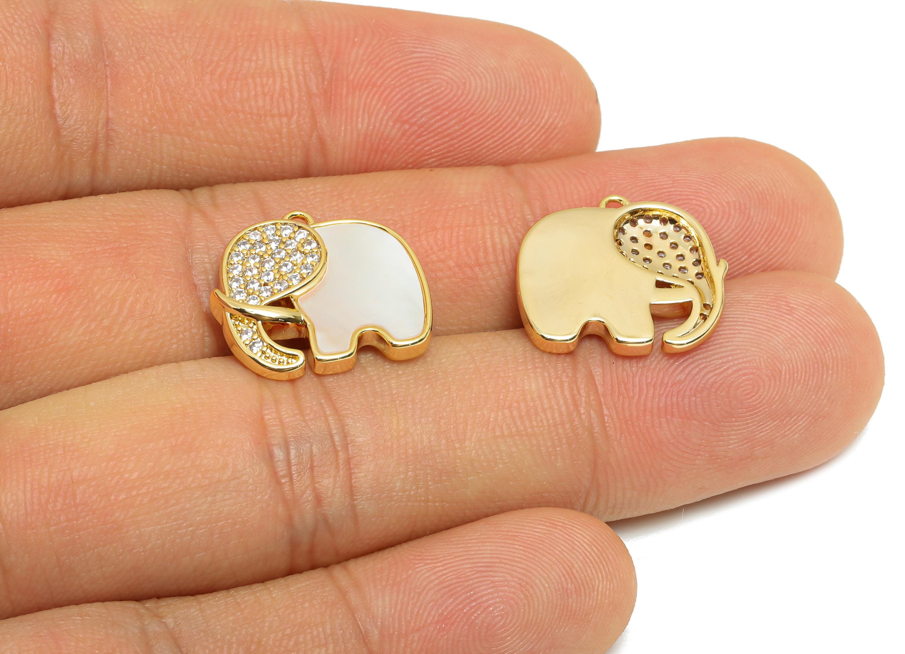 Brass Elephant Pendant - Brass Shell Cubic Zircon Elephant Charm - Sparkling Elephant Pendant - 18K Real Gold Plating - 17x15x3mm - RGP10966 - DOMEDBAZAAR