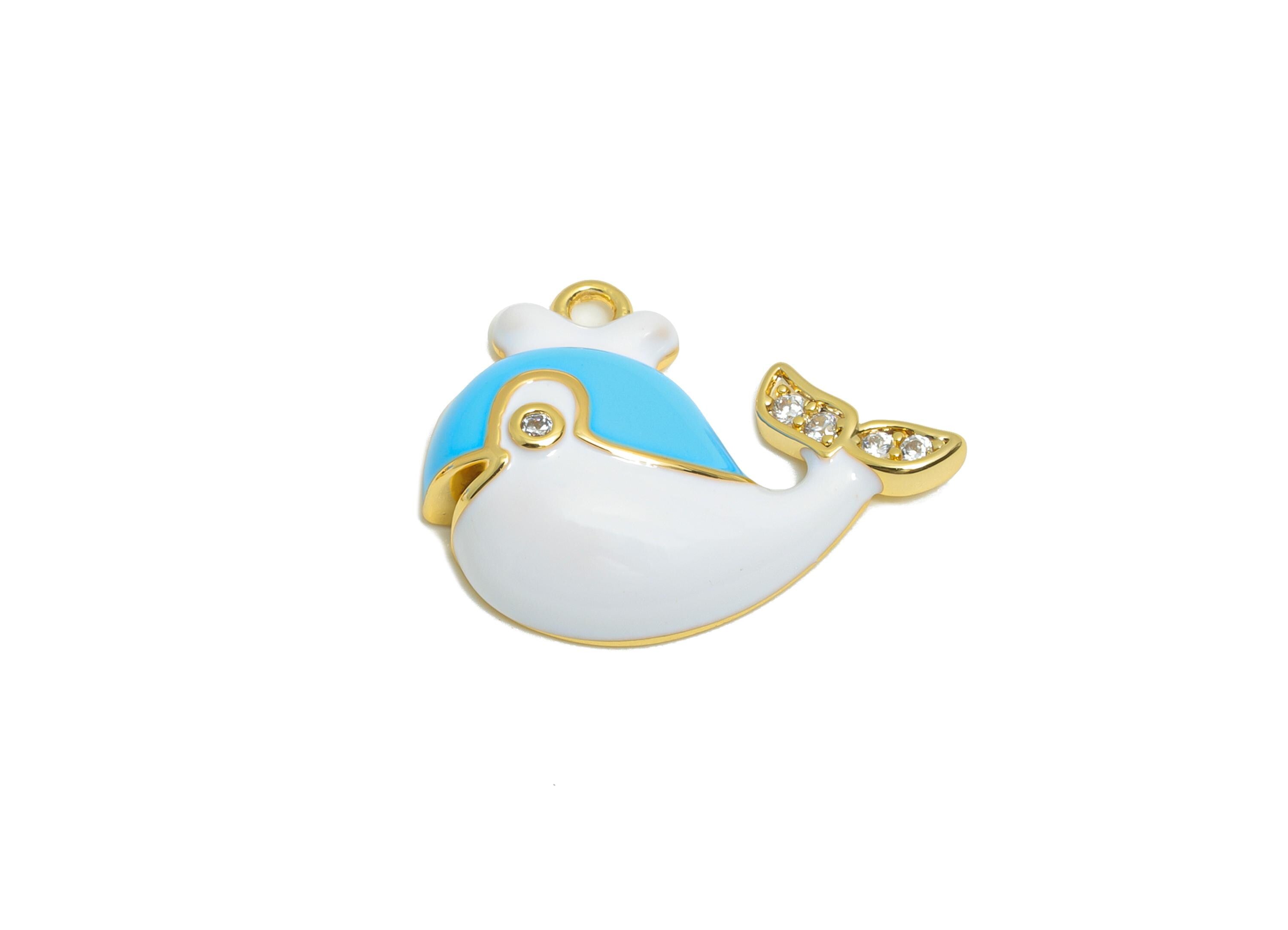 Brass Whale Enamel Pendant - Brass Cubic Zircon Marine Life Charm - Enamel Whale Jewelry - 18K Real Gold Plating - 17x15x3mm - RGP10954