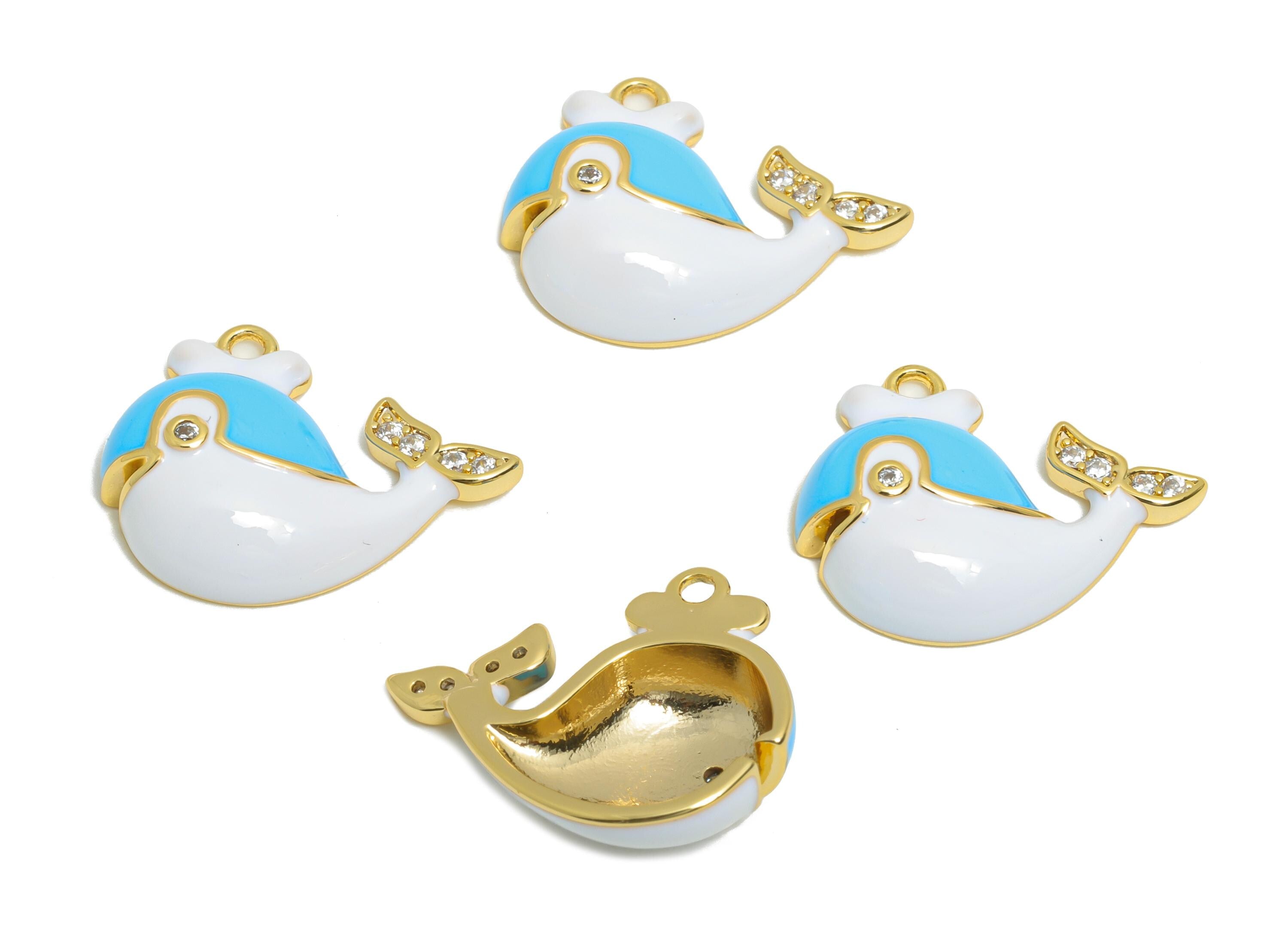 Brass Whale Enamel Pendant - Brass Cubic Zircon Marine Life Charm - Enamel Whale Jewelry - 18K Real Gold Plating - 17x15x3mm - RGP10954