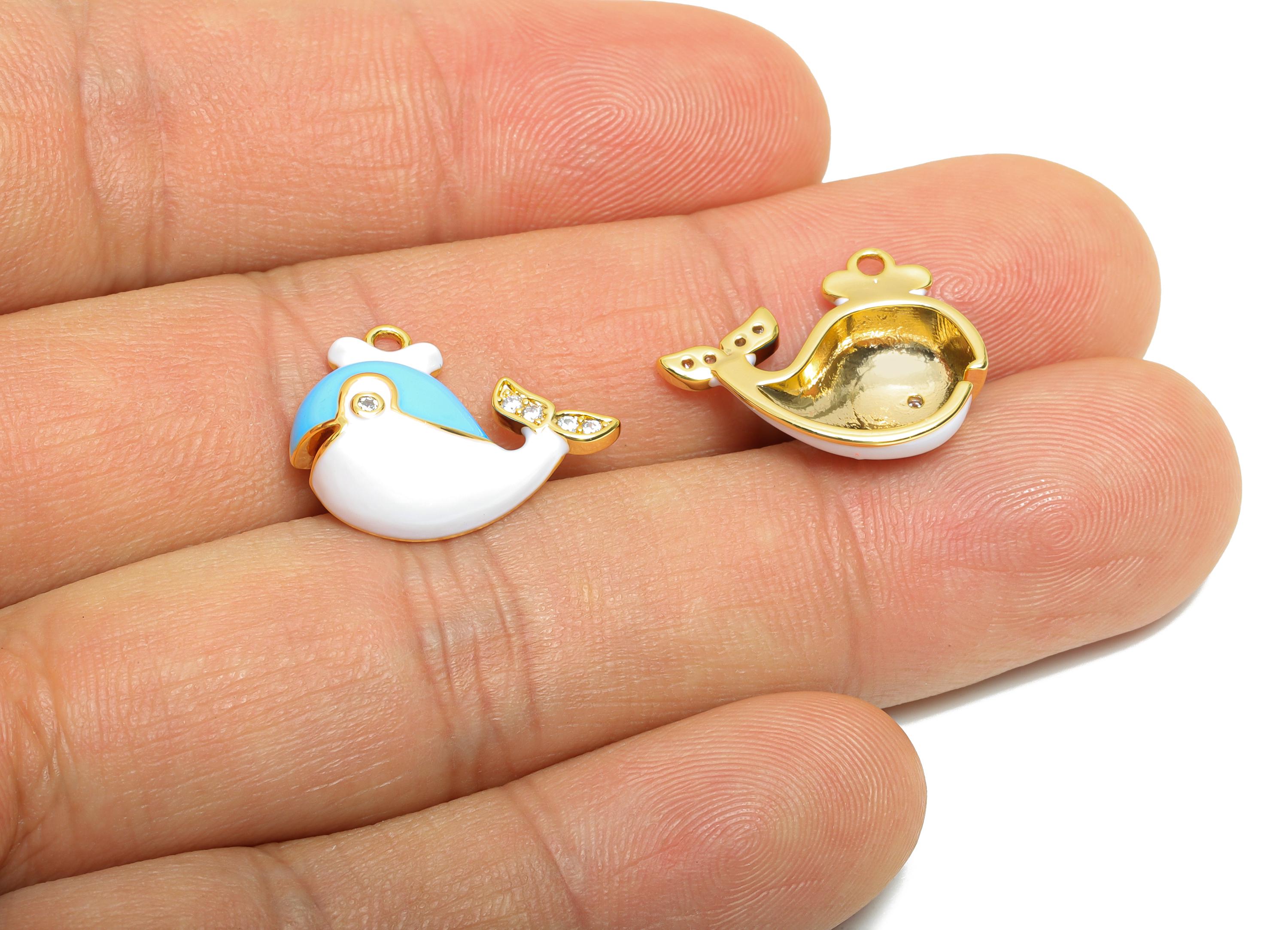 Brass Whale Enamel Pendant - Brass Cubic Zircon Marine Life Charm - Enamel Whale Jewelry - 18K Real Gold Plating - 17x15x3mm - RGP10954