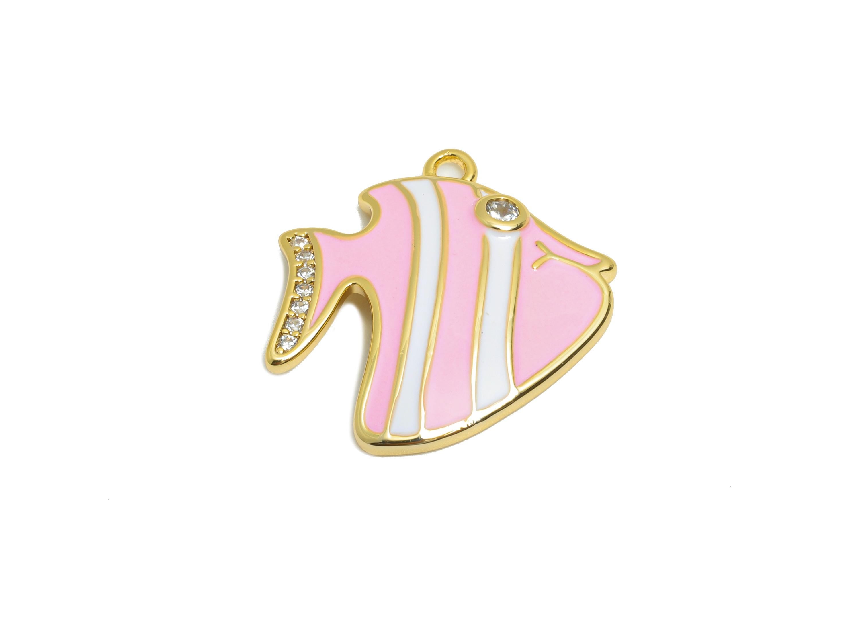Brass Fish Enamel Pendant - Brass Cubic Zircon Marine Life Charm - Enamel Pink Fish Jewelry - 18K Real Gold Plating - 17x15x3mm - RGP109523