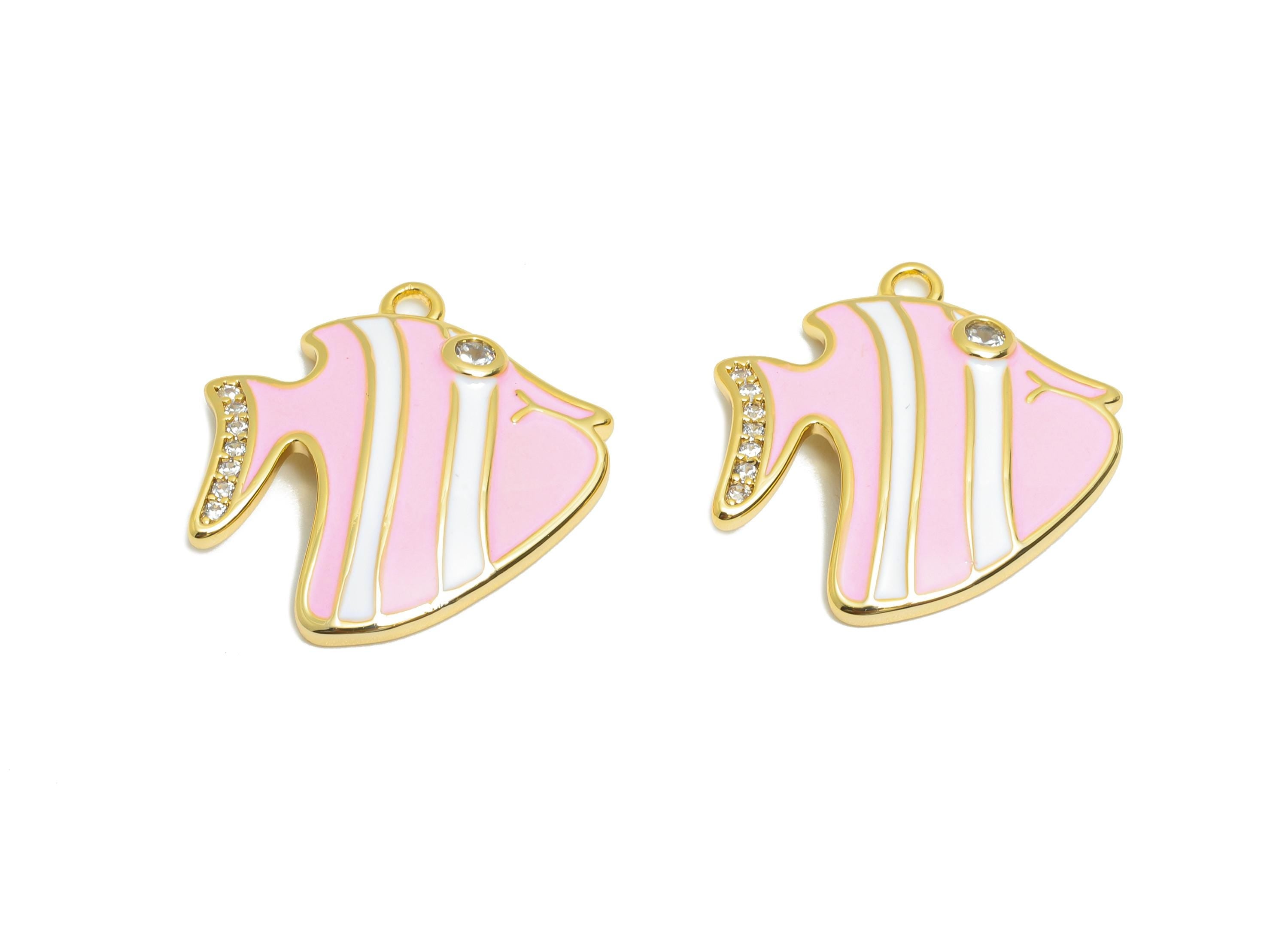 Brass Fish Enamel Pendant - Brass Cubic Zircon Marine Life Charm - Enamel Pink Fish Jewelry - 18K Real Gold Plating - 17x15x3mm - RGP109523