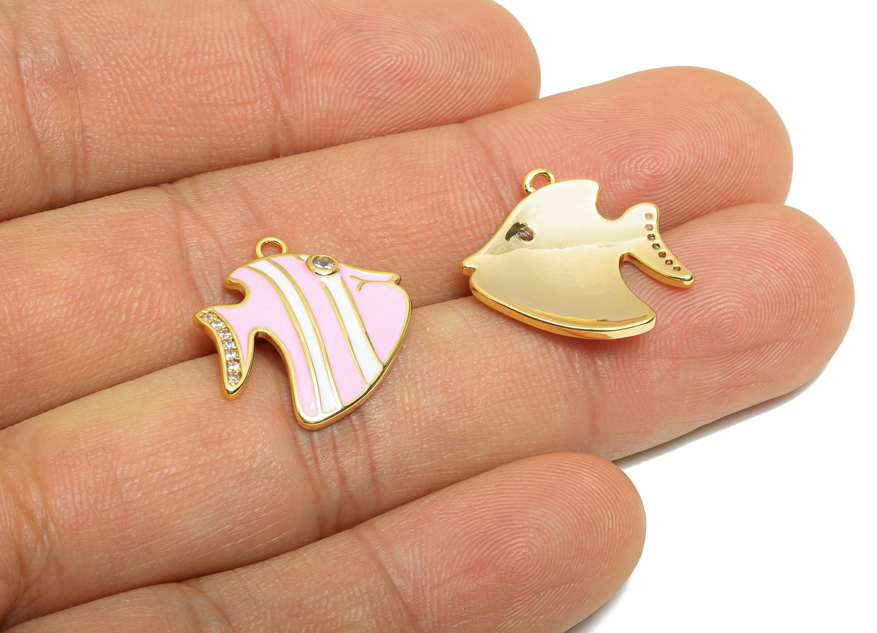Brass Fish Enamel Pendant - Brass Cubic Zircon Marine Life Charm - Enamel Pink Fish Jewelry - 18K Real Gold Plating - 17x15x3mm - RGP109523