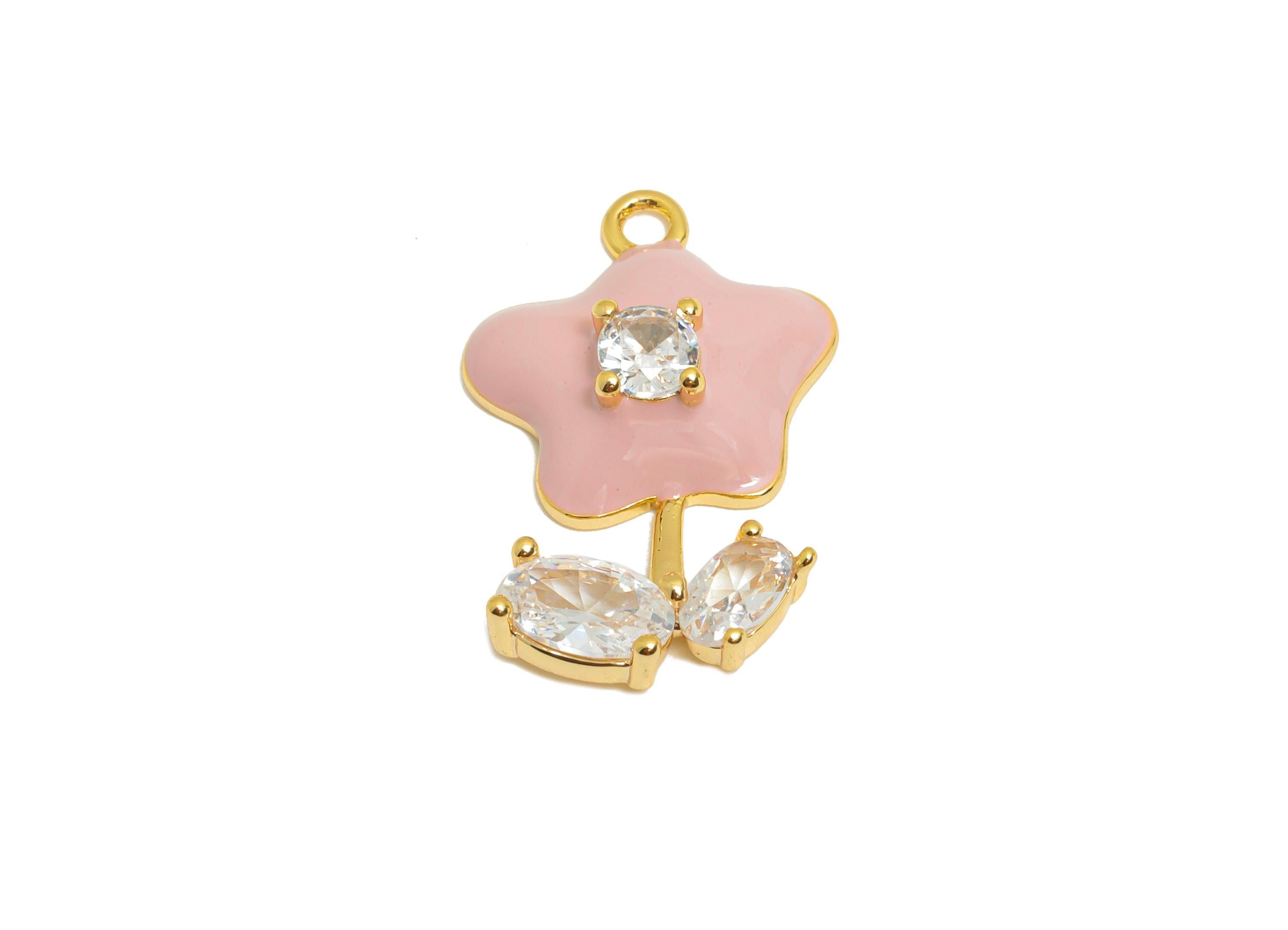 Brass Daisy Enamel Pendant - Brass Rectangle Zircon Floral Charm - Enamel Pink Flower Jewelry - 18K Real Gold Plating - 20x13x4mm - RGP10962