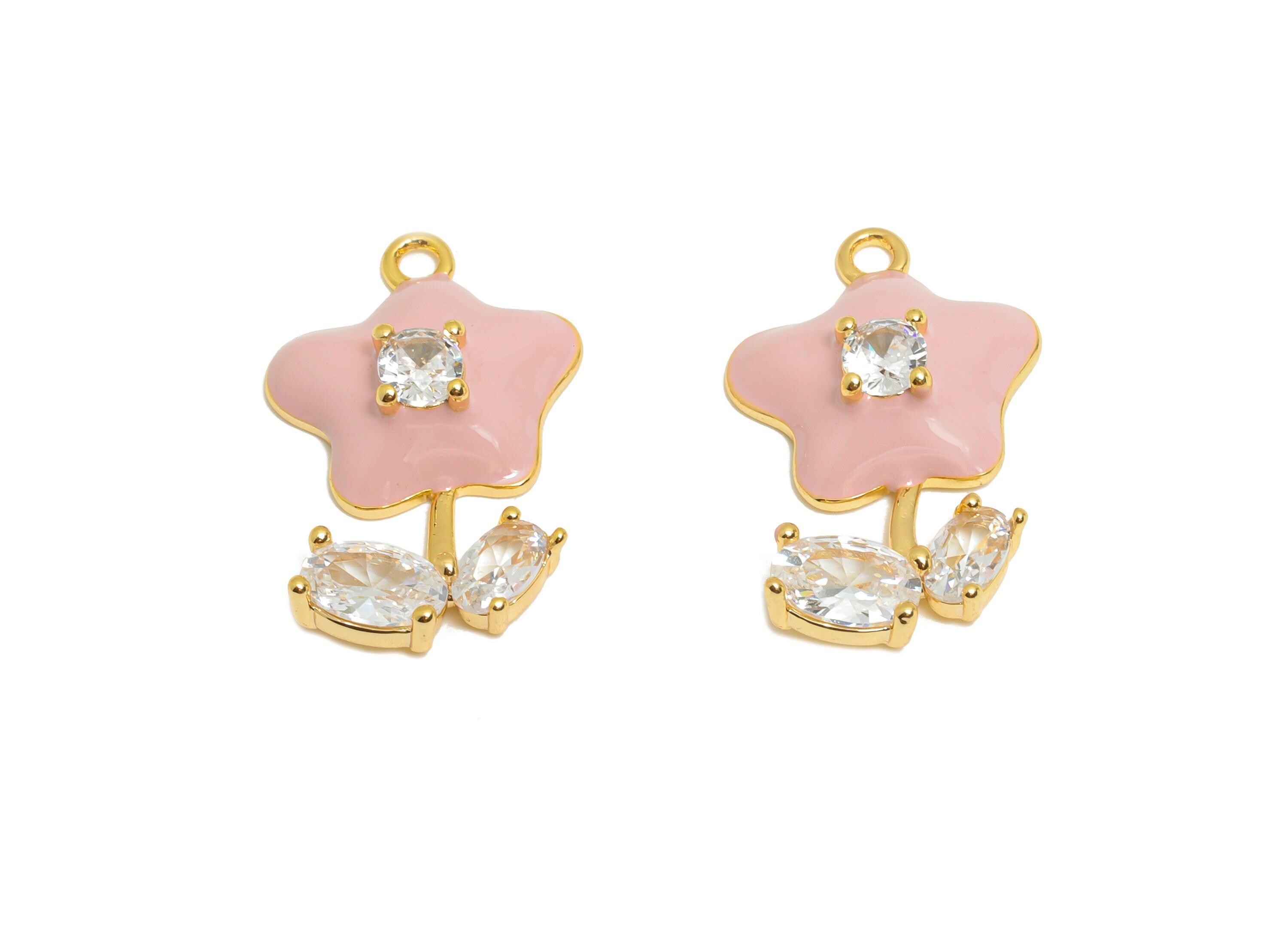 Brass Daisy Enamel Pendant - Brass Rectangle Zircon Floral Charm - Enamel Pink Flower Jewelry - 18K Real Gold Plating - 20x13x4mm - RGP10962