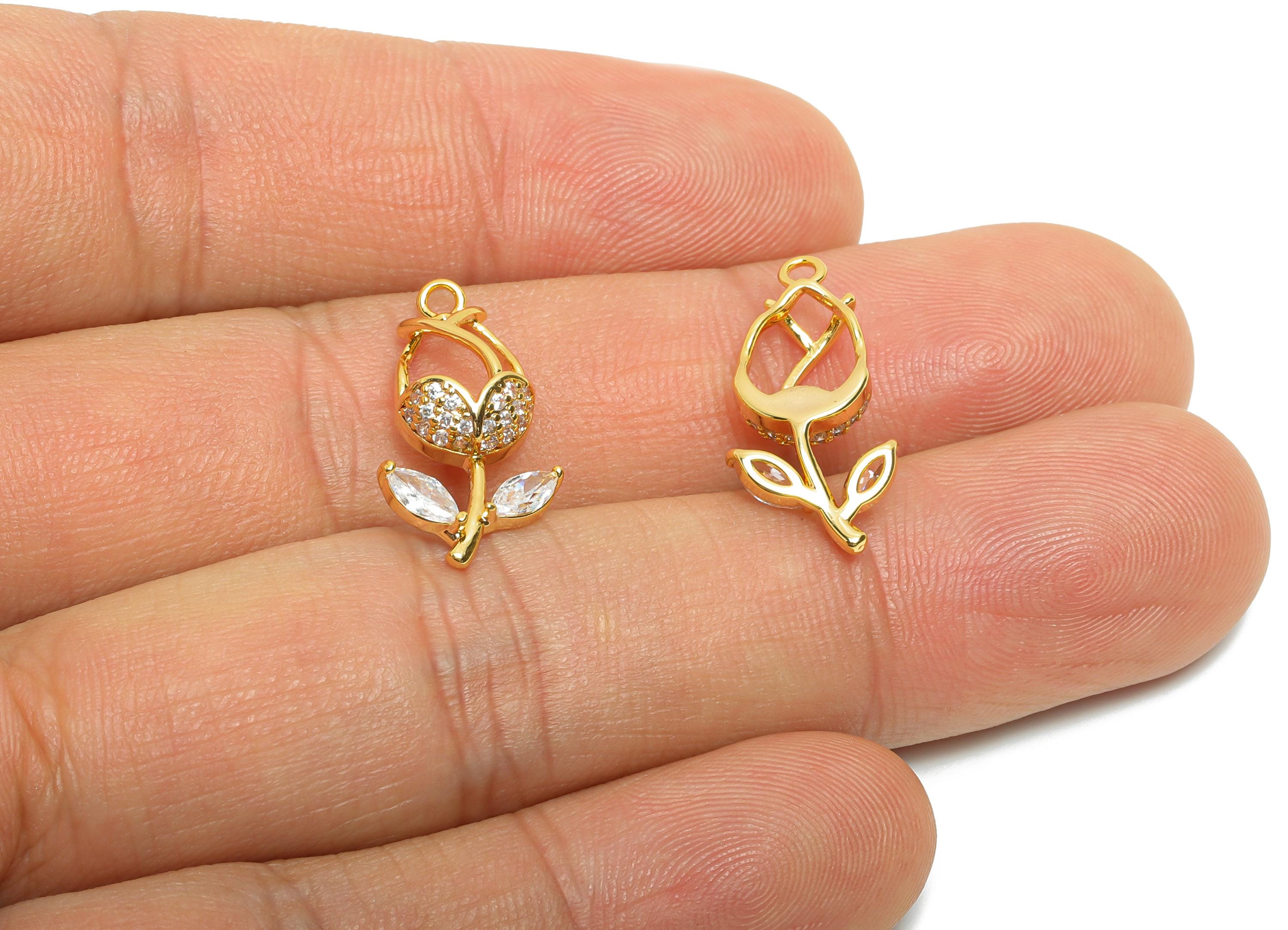 Brass Rose CZ Pendant - Brass Cubic Zircon Floral Charm - Marquise Necklace Charm For DIY Bead - 18K Real Gold Plating - 21x10x4mm -RGP10952 - DOMEDBAZAAR
