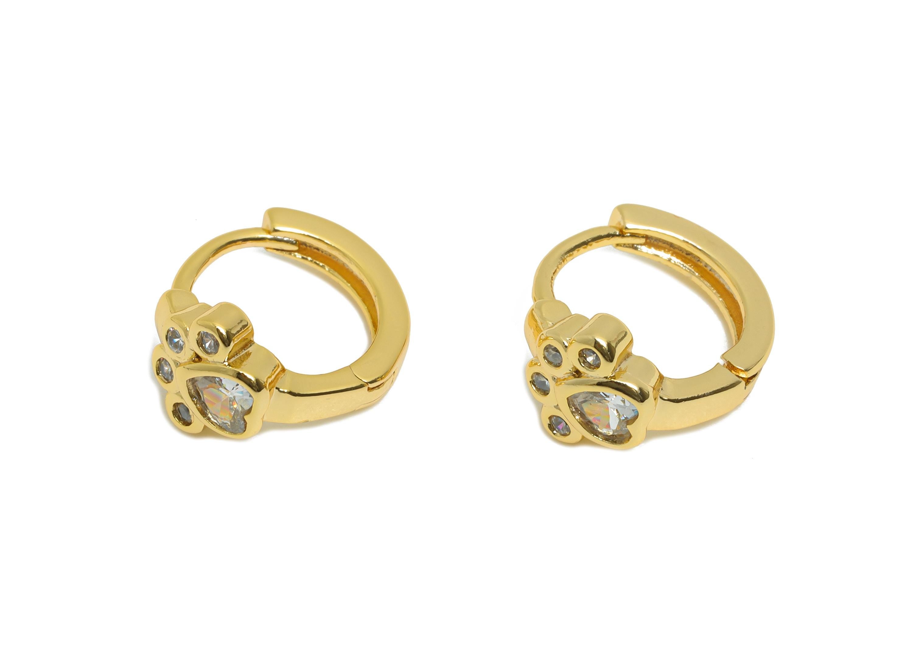 Brass CZ Huggie Hoop Earring - Brass Paw Zircon Earring - Cute Animal Paw Huggie Hoop Clasp - 18K Real Gold Plated - 11.7x10x6.6mm -RGP10909 - DOMEDBAZAAR
