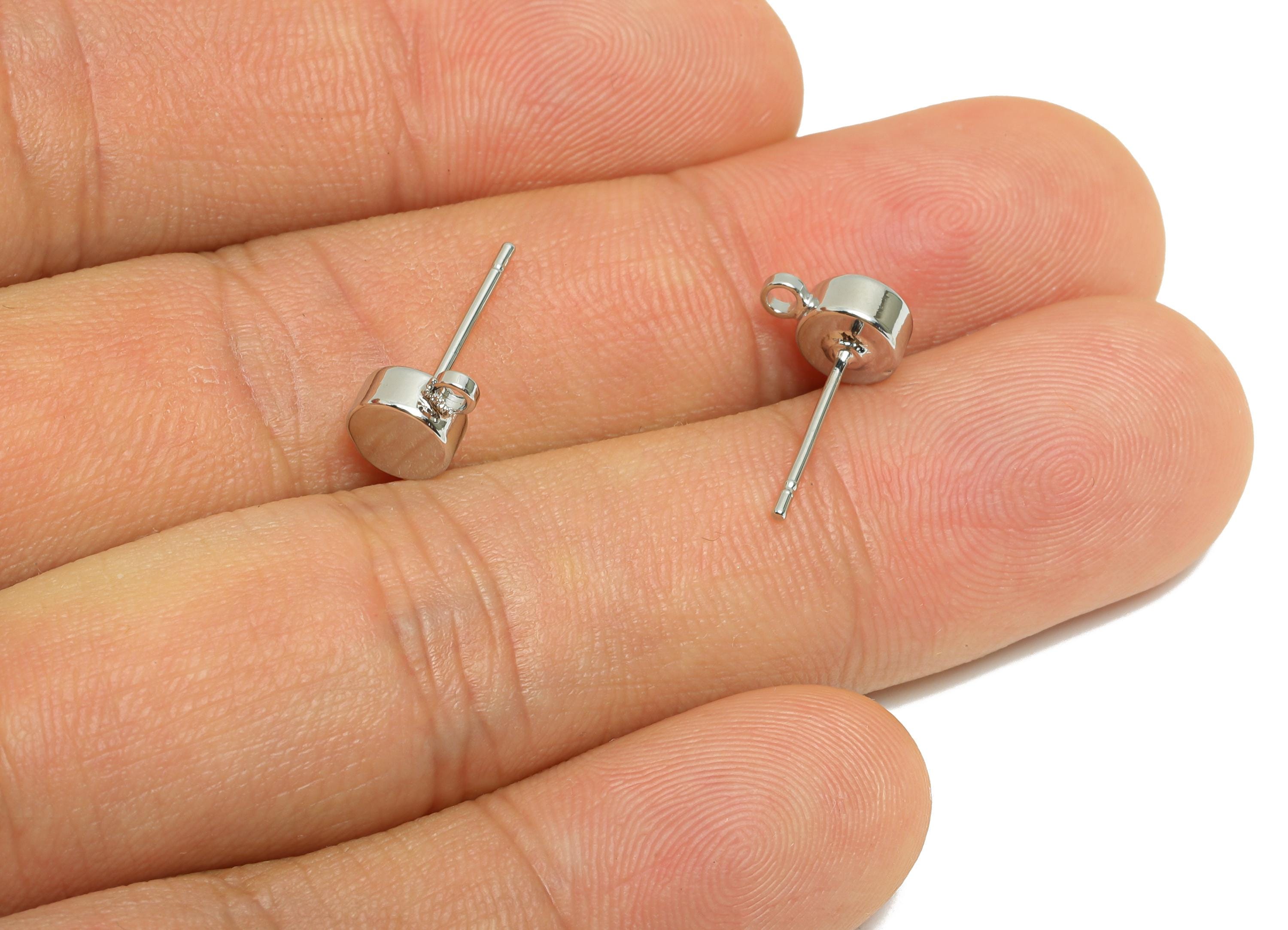Brass Round Flat Earring Post - Brass  DIY Earring Stud With Loop - Craft Earring Accessories - 18k Real White Plated - 8x5x3mm - RGP10970 - DOMEDBAZAAR