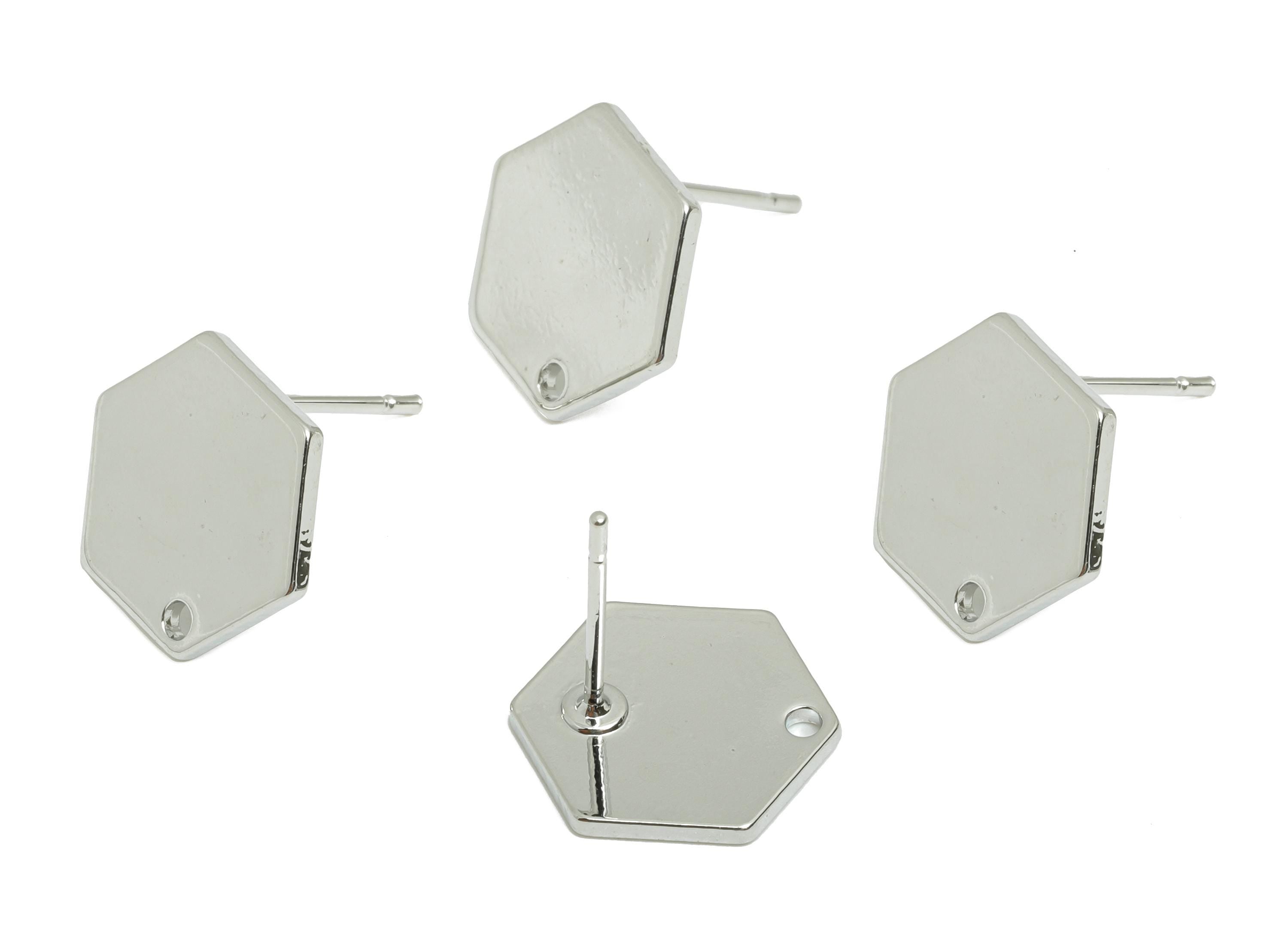 Brass Hexagon Earring Post - Brass DIY Earring Stud With Hole - Craft Earring Accessories - 18k Real White Gold Plated - 8x5x3mm - RGP10019 - DOMEDBAZAAR