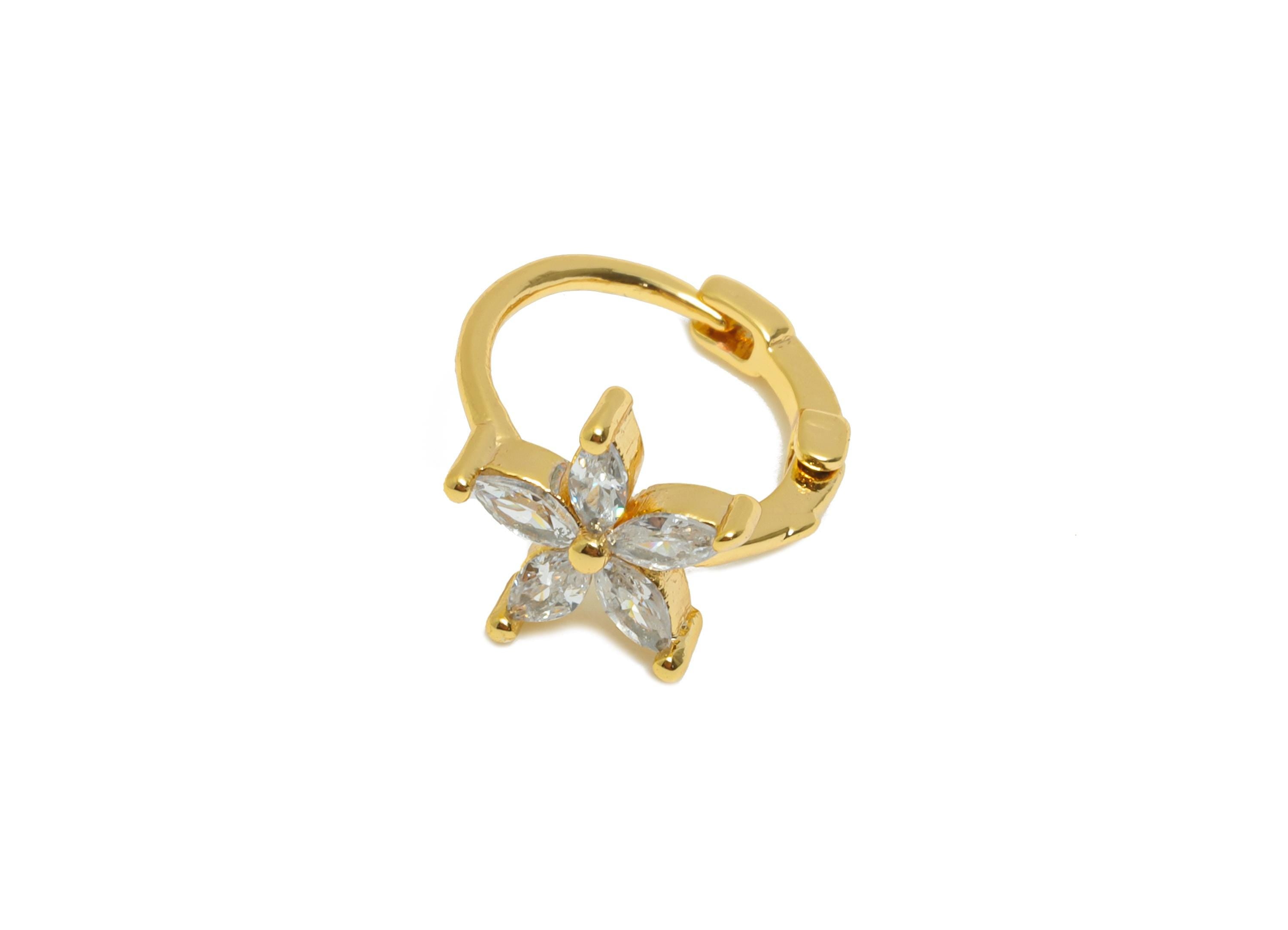 Brass CZ Huggie Hoop Earring - Mini Marquise Zircon Earring - Botanical Floral Huggie Hoop Clasp - 18K Real Gold Plated - 11x9x7mm -RGP10947 - DOMEDBAZAAR